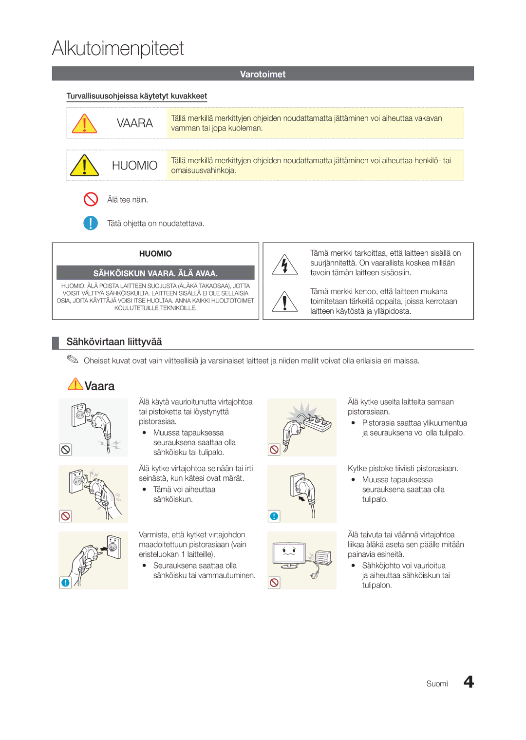 Samsung LT22A550RW/XE, LT23A550RW/XE, LT24A350RW/XE, LT24A550RW/XE, LT22A350RW/XE manual Sähkövirtaan liittyvää, Varotoimet 