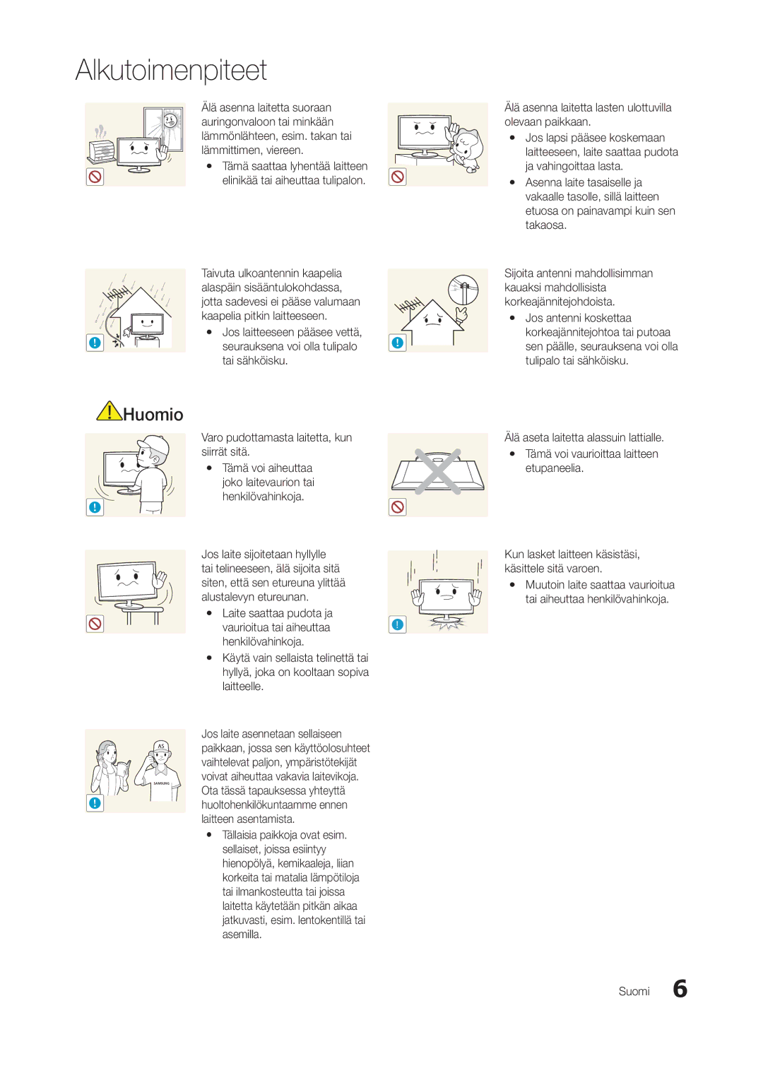 Samsung LT23A350RW/XE manual Tai sähköisku, Varo pudottamasta laitetta, kun siirrät sitä, Huoltohenkilökuntaamme ennen 