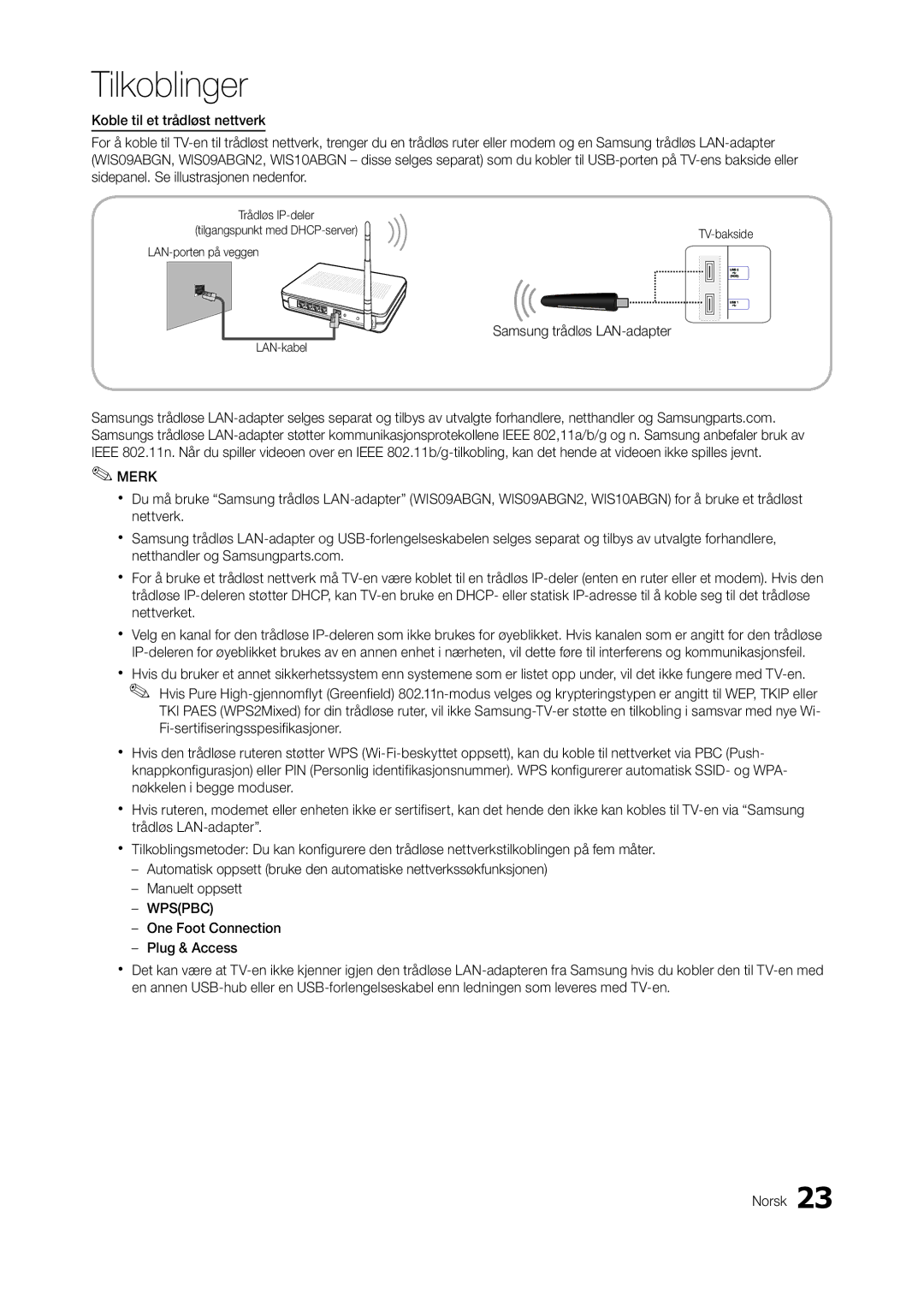 Samsung LT27A750EX/XE, LT23A750EX/XE, LT27A950EX/XE manual Samsung trådløs LAN-adapter, Merk 