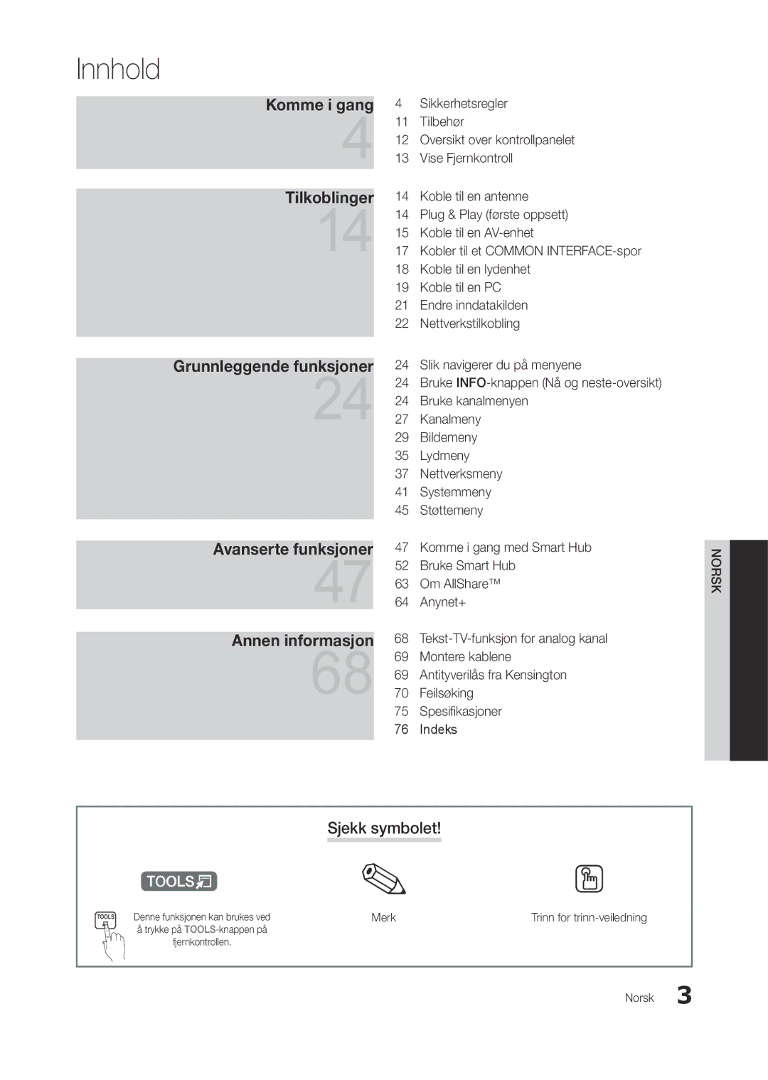 Samsung LT23A750EX/XE manual Sjekk symbolet, Komme i gang med Smart Hub, Merk, FeilsøkingAntityverilås fra Kensington 