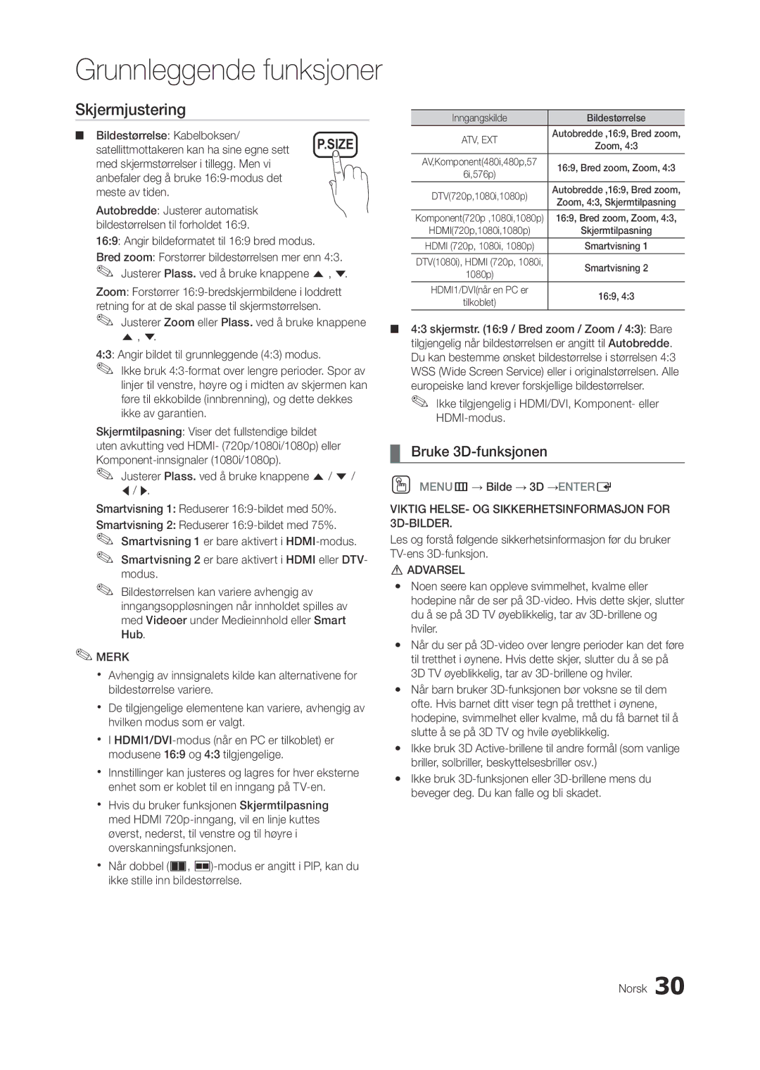 Samsung LT23A750EX/XE, LT27A950EX/XE, LT27A750EX/XE manual Skjermjustering, Bruke 3D-funksjonen 