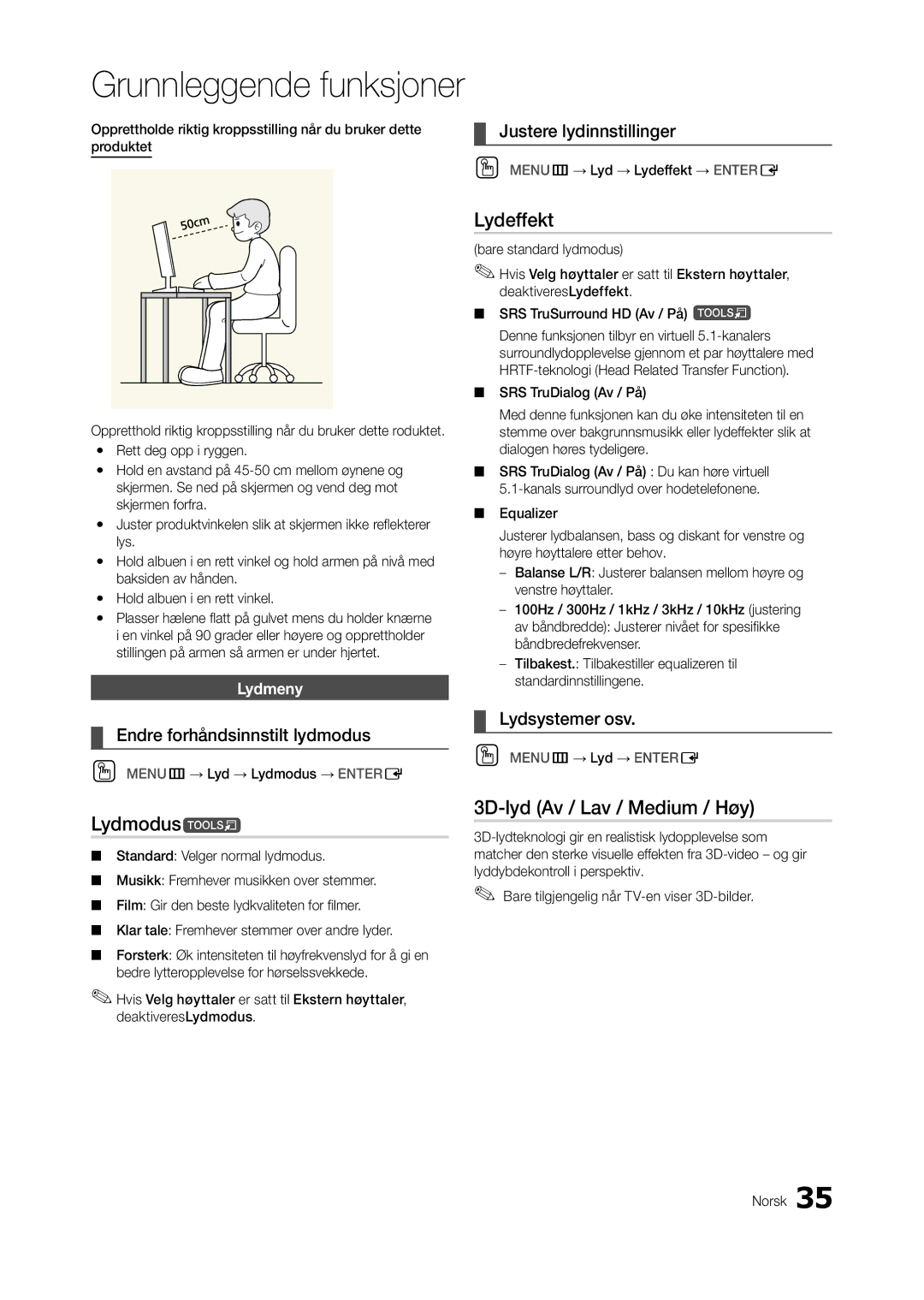 Samsung LT27A750EX/XE, LT23A750EX/XE manual Lydeffekt, Lydmodust, 3D-lyd Av / Lav / Medium / Høy, Justere lydinnstillinger 