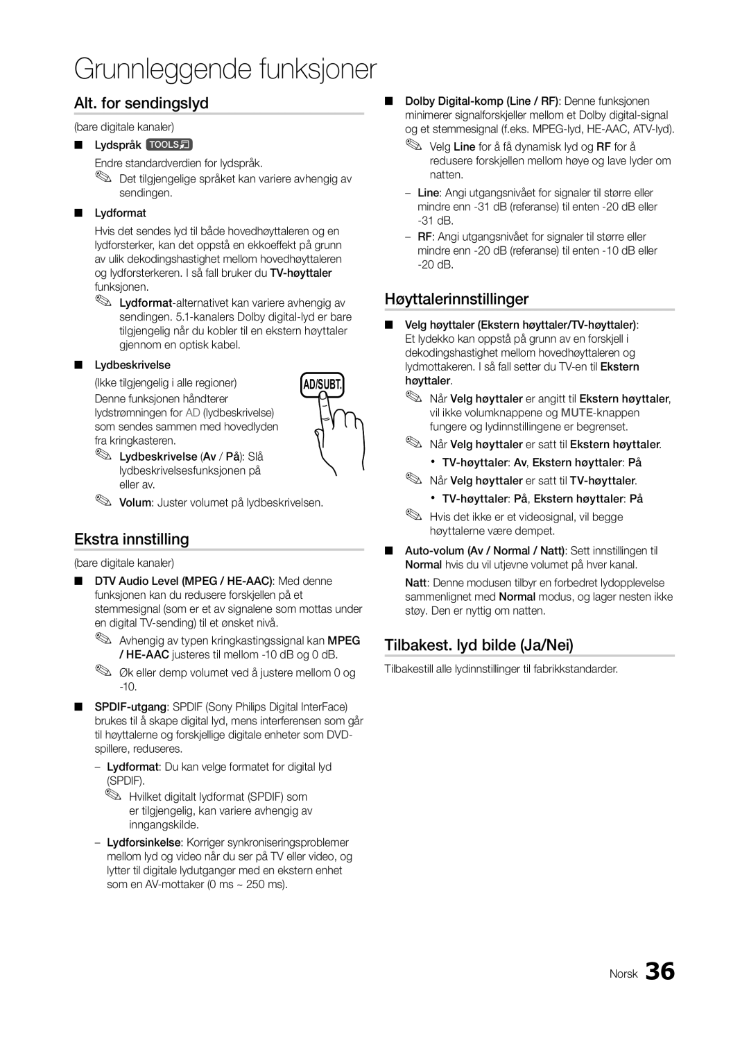 Samsung LT23A750EX/XE manual Alt. for sendingslyd, Ekstra innstilling, Høyttalerinnstillinger, Tilbakest. lyd bilde Ja/Nei 