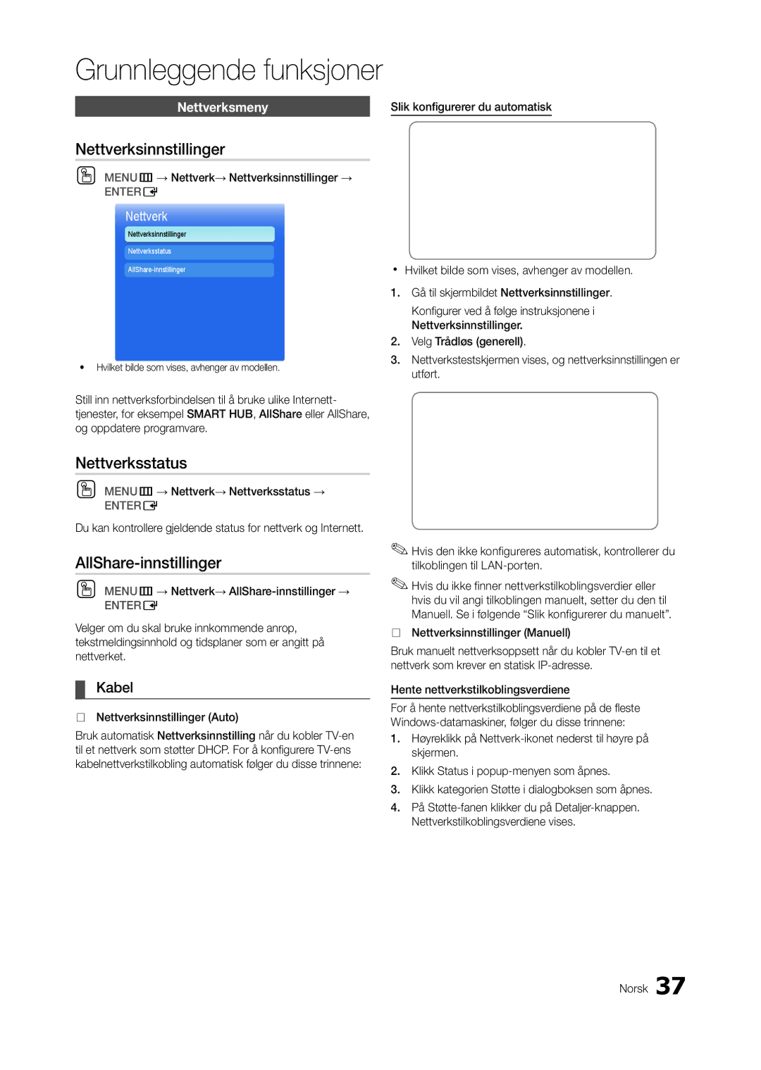 Samsung LT27A950EX/XE, LT23A750EX/XE Nettverksinnstillinger, Nettverksstatus, AllShare-innstillinger, Kabel, Nettverksmeny 