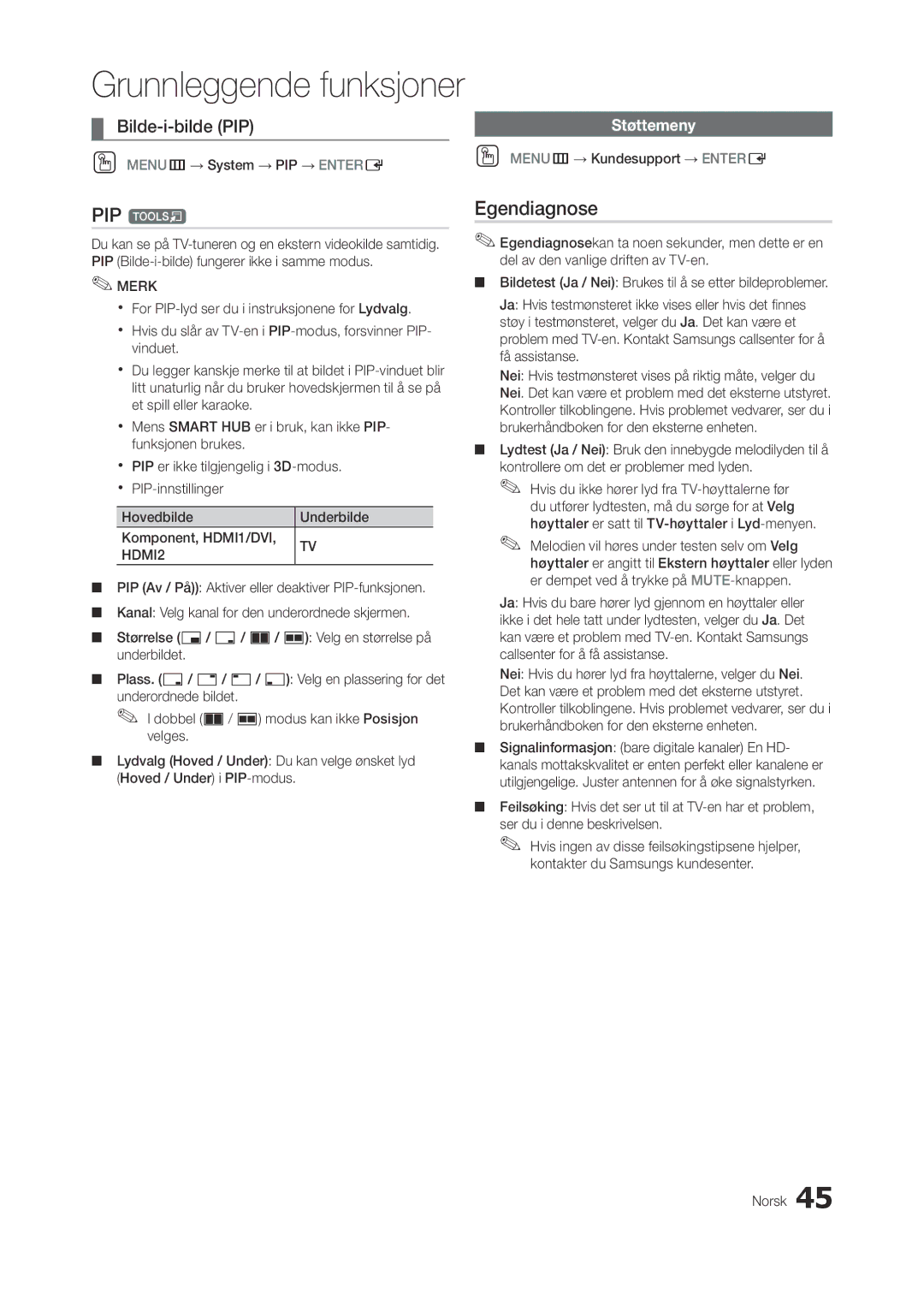 Samsung LT23A750EX/XE, LT27A950EX/XE, LT27A750EX/XE manual PIP t, Egendiagnose, Støttemeny 