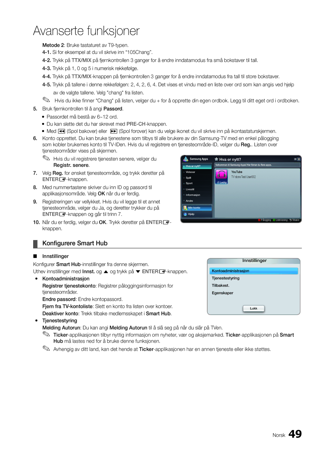 Samsung LT27A950EX/XE, LT23A750EX/XE manual Konfigurere Smart Hub, Innstillinger, Kontoadministrasjon, Tjenesteområder 