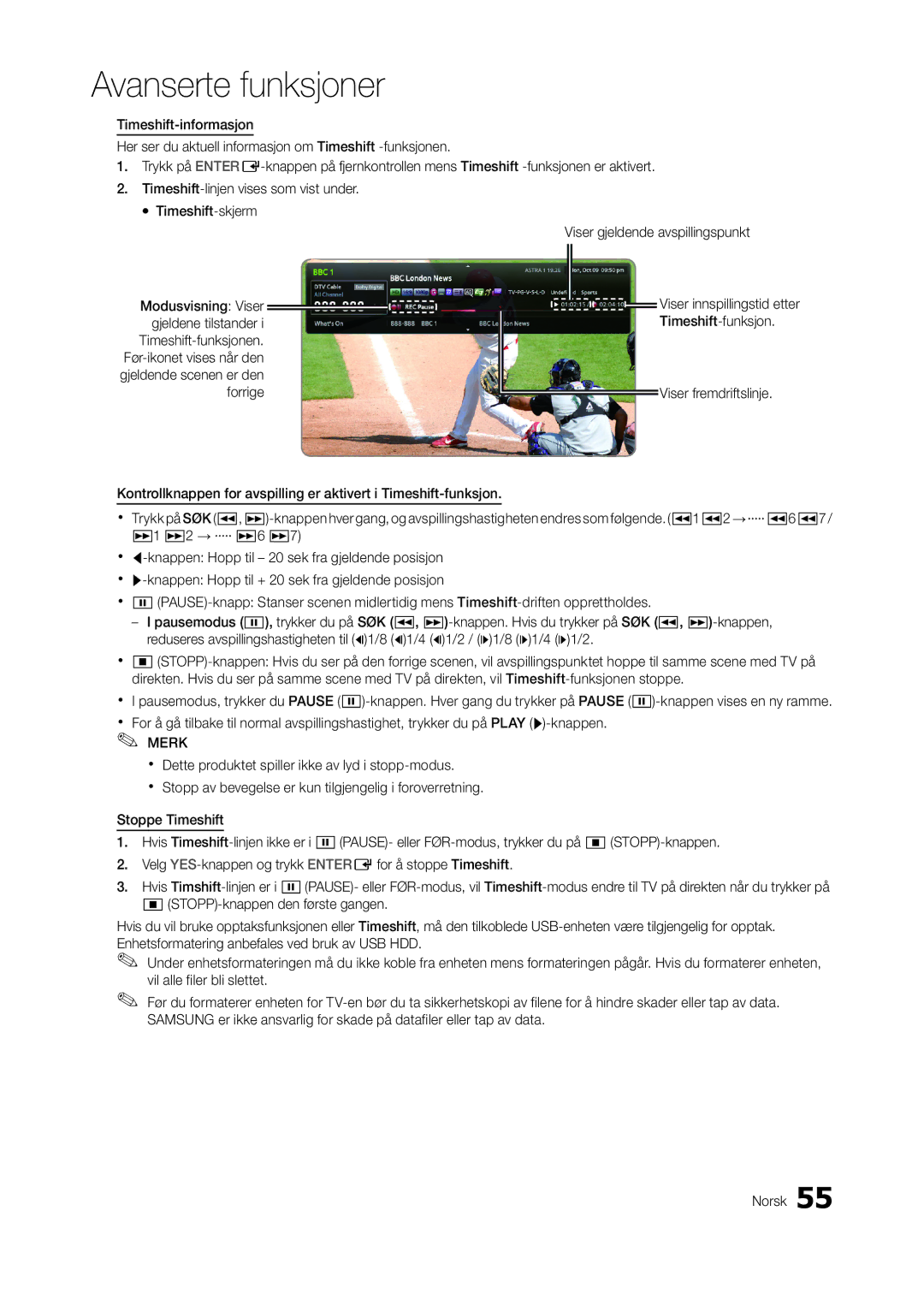 Samsung LT27A950EX/XE, LT23A750EX/XE manual Timeshift-funksjonen, Viser innspillingstid etter, Gjeldene tilstander 