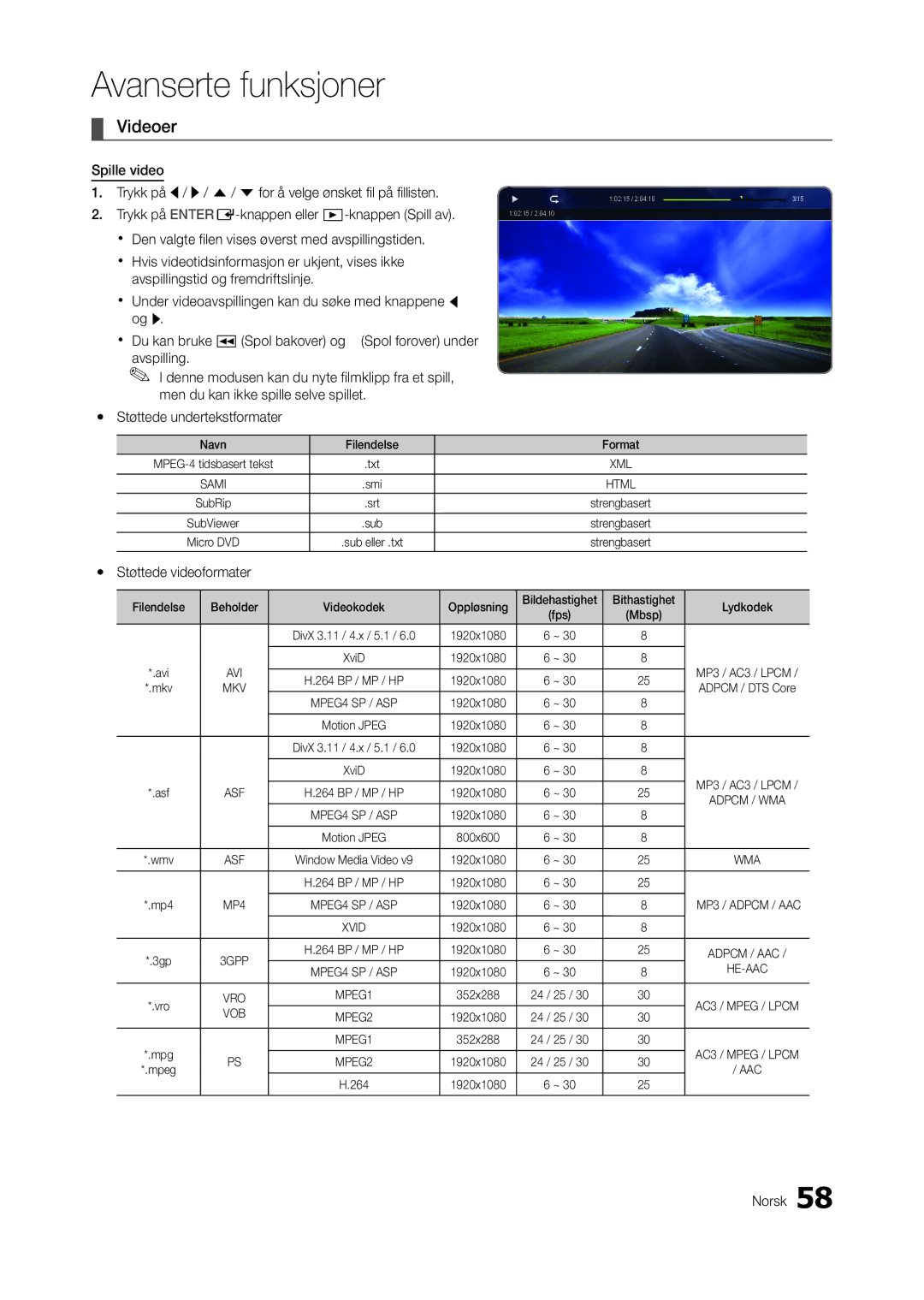 Samsung LT27A950EX/XE, LT23A750EX/XE Videoer, Trykk på ENTERE-knappen eller -knappen Spill av, Yy Støttede videoformater 