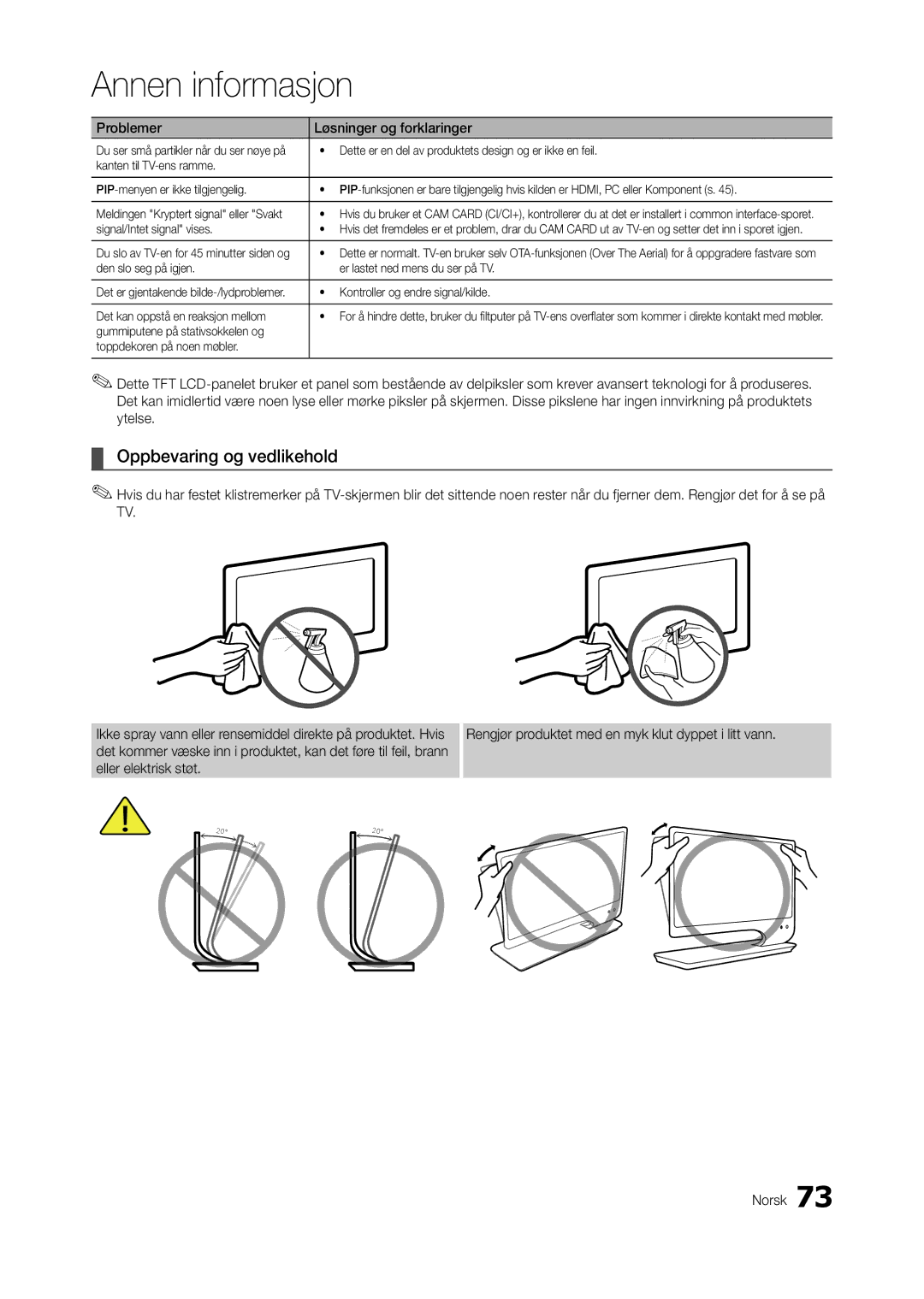 Samsung LT27A950EX/XE, LT23A750EX/XE, LT27A750EX/XE manual Oppbevaring og vedlikehold 