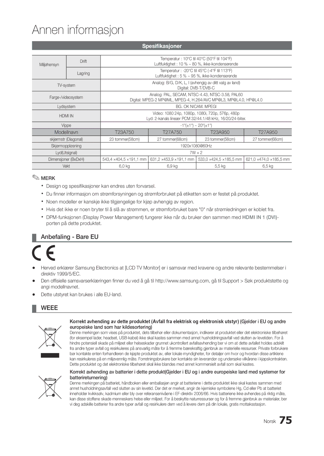 Samsung LT23A750EX/XE, LT27A950EX/XE manual Anbefaling Bare EU, Spesifikasjoner, Direktiv 1999/5/EC, Angi modellnavnet 