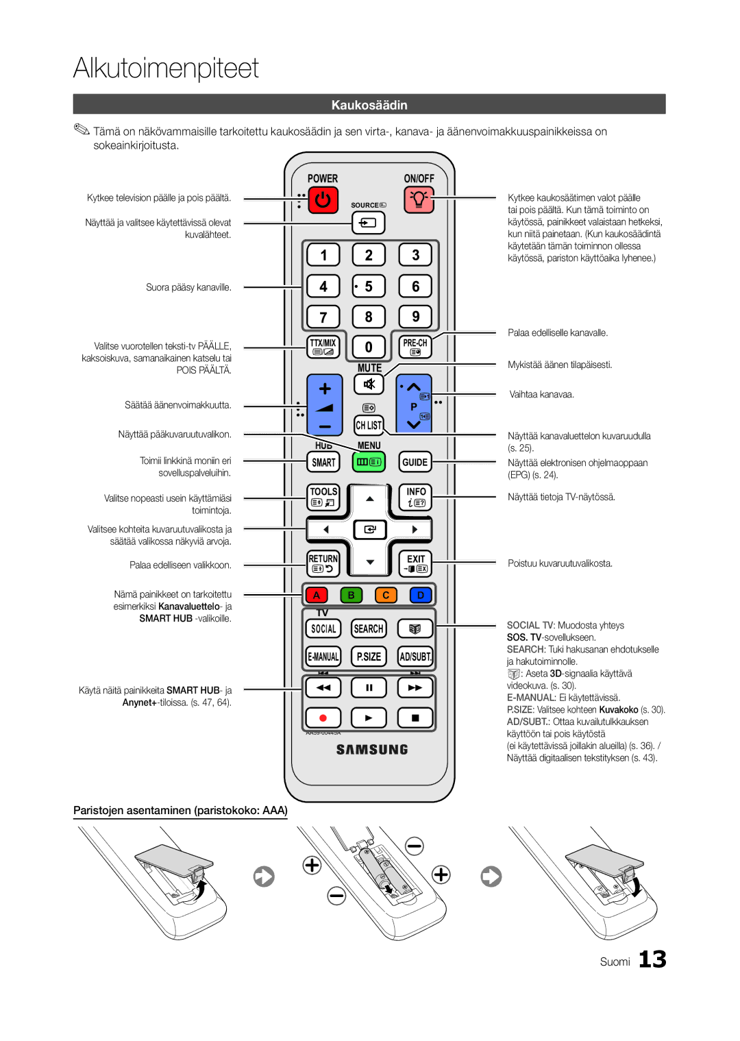 Samsung LT27A950EX/XE, LT23A750EX/XE manual Kaukosäädin, Paristojen asentaminen paristokoko AAA Suomi, Suora pääsy kanaville 