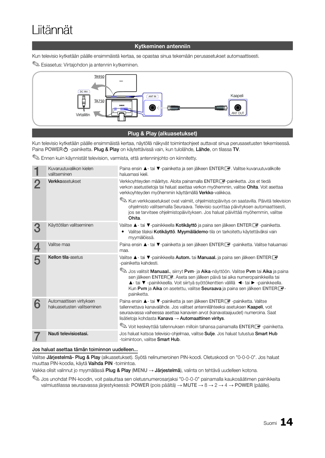 Samsung LT27A750EX/XE, LT23A750EX/XE, LT27A950EX/XE manual Kytkeminen antenniin, Plug & Play alkuasetukset, Virtaliitin 