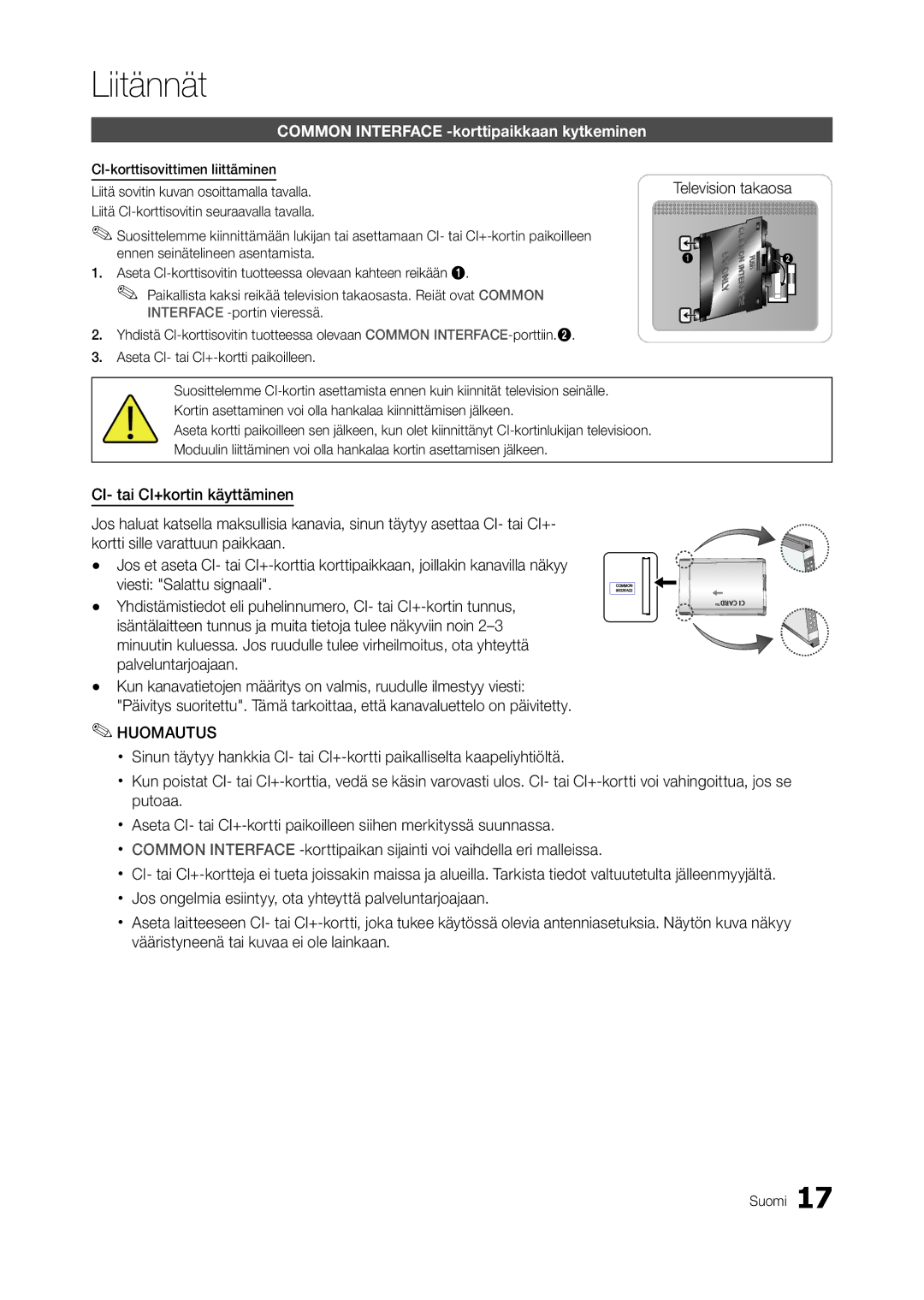 Samsung LT27A750EX/XE, LT23A750EX/XE, LT27A950EX/XE manual Common Interface -korttipaikkaan kytkeminen, Huomautus 