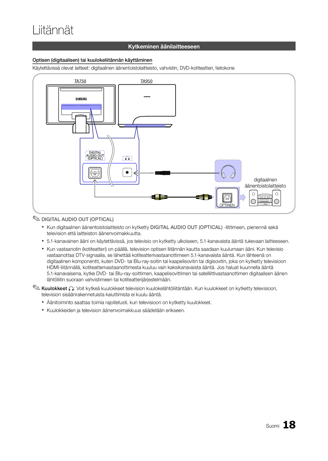 Samsung LT23A750EX/XE, LT27A950EX/XE, LT27A750EX/XE manual Kytkeminen äänilaitteeseen, Digital Audio OUT Optical 