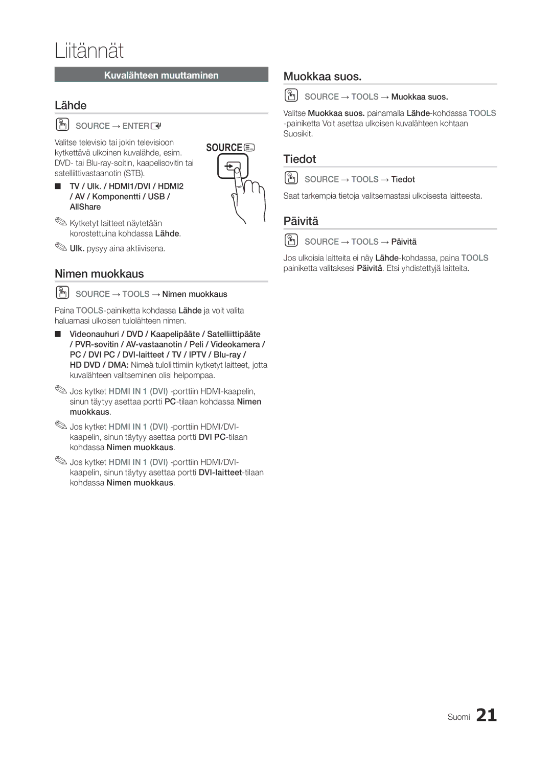 Samsung LT23A750EX/XE, LT27A950EX/XE, LT27A750EX/XE manual Lähde, Nimen muokkaus, Muokkaa suos, Tiedot, Päivitä 