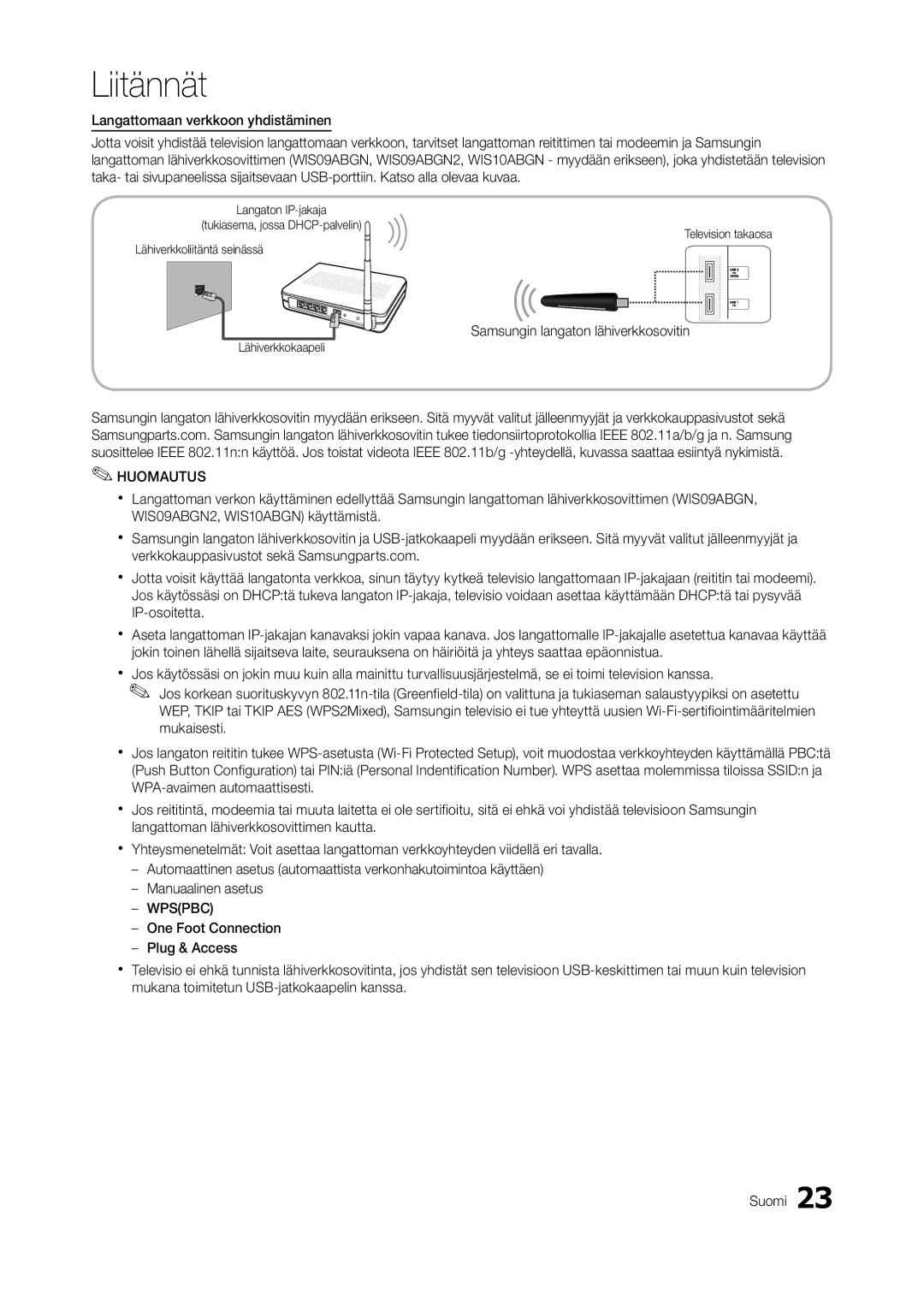 Samsung LT27A750EX/XE, LT23A750EX/XE, LT27A950EX/XE manual Samsungin langaton lähiverkkosovitin, Huomautus 