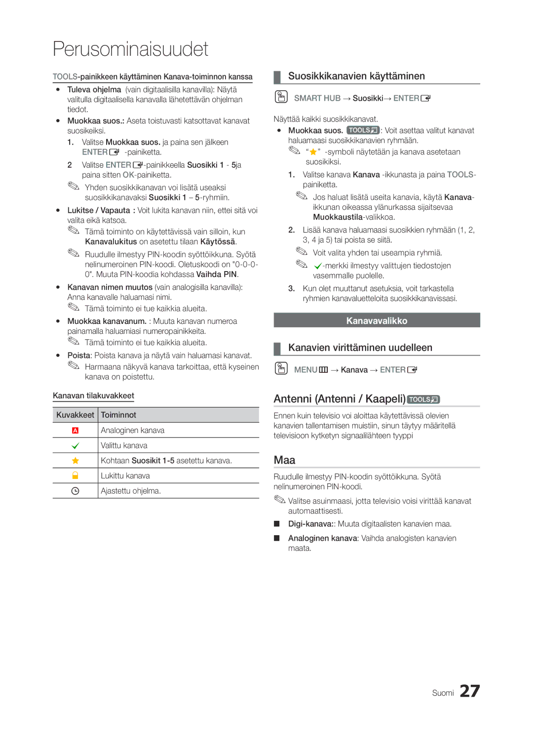 Samsung LT23A750EX/XE manual Antenni Antenni / Kaapelit, Maa, Suosikkikanavien käyttäminen, Kanavien virittäminen uudelleen 