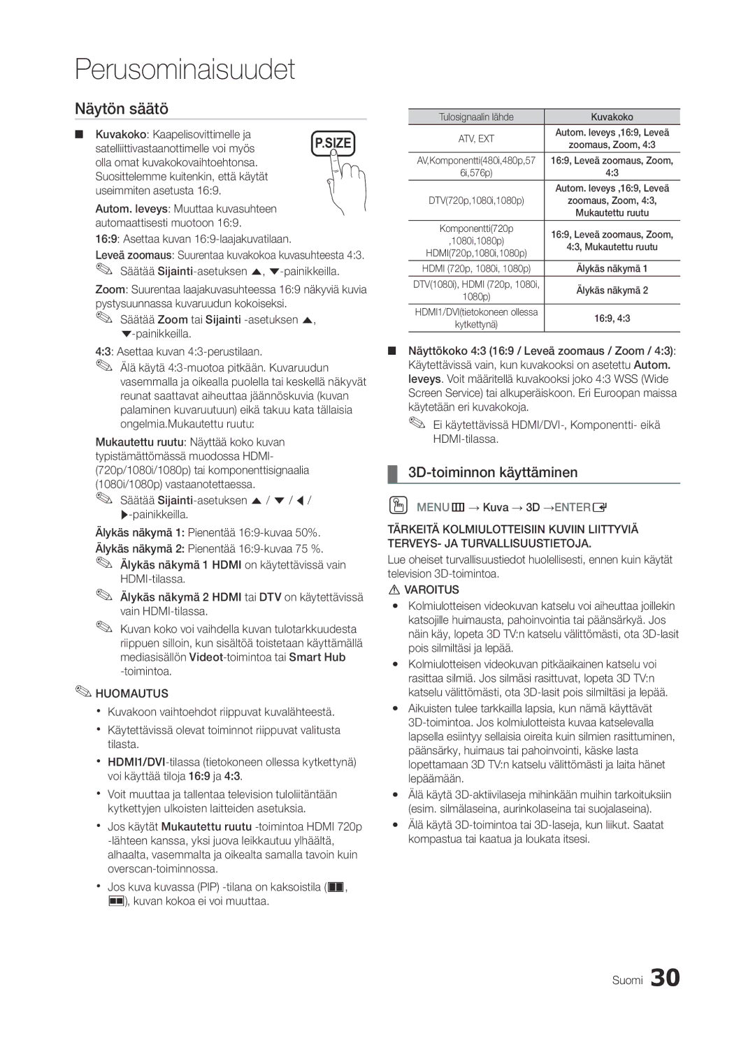 Samsung LT23A750EX/XE, LT27A950EX/XE, LT27A750EX/XE manual Näytön säätö, 3D-toiminnon käyttäminen 