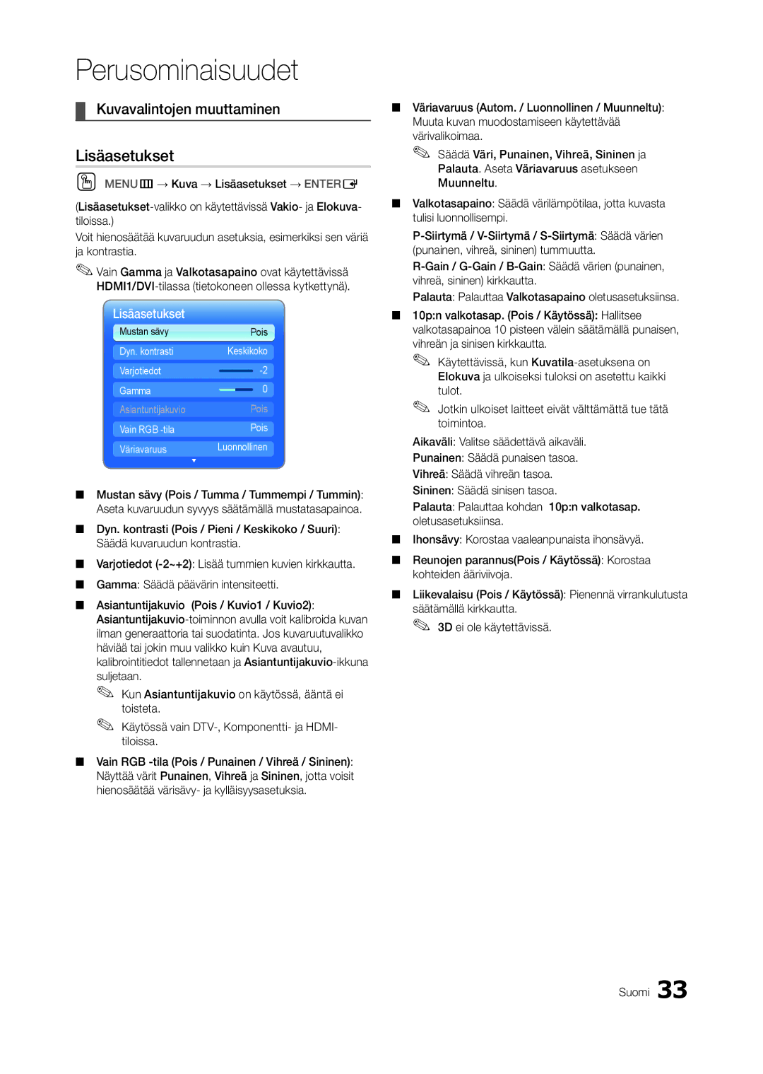 Samsung LT23A750EX/XE, LT27A950EX/XE, LT27A750EX/XE manual Lisäasetukset, Kuvavalintojen muuttaminen 