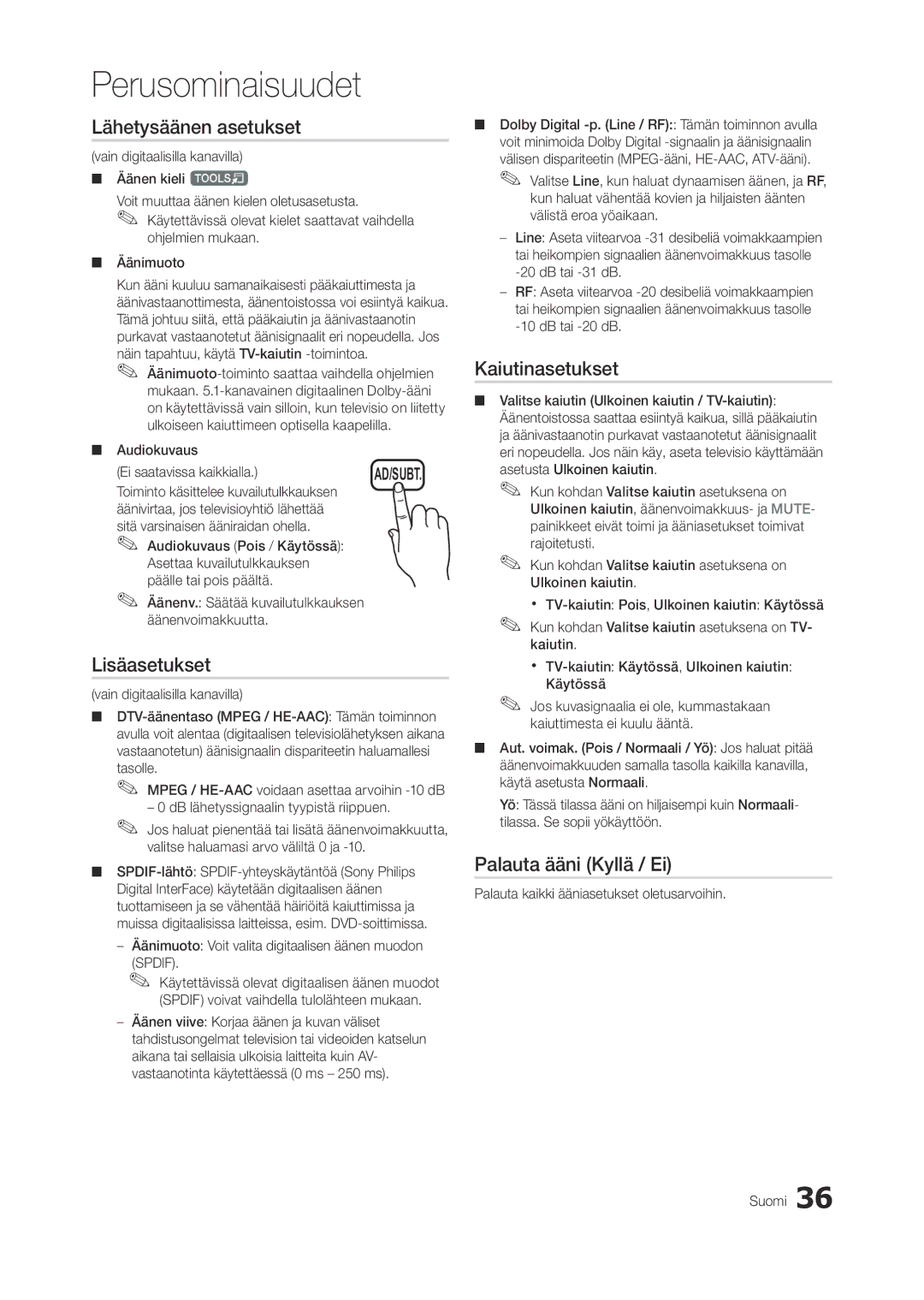 Samsung LT23A750EX/XE, LT27A950EX/XE, LT27A750EX/XE manual Lähetysäänen asetukset, Kaiutinasetukset, Palauta ääni Kyllä / Ei 