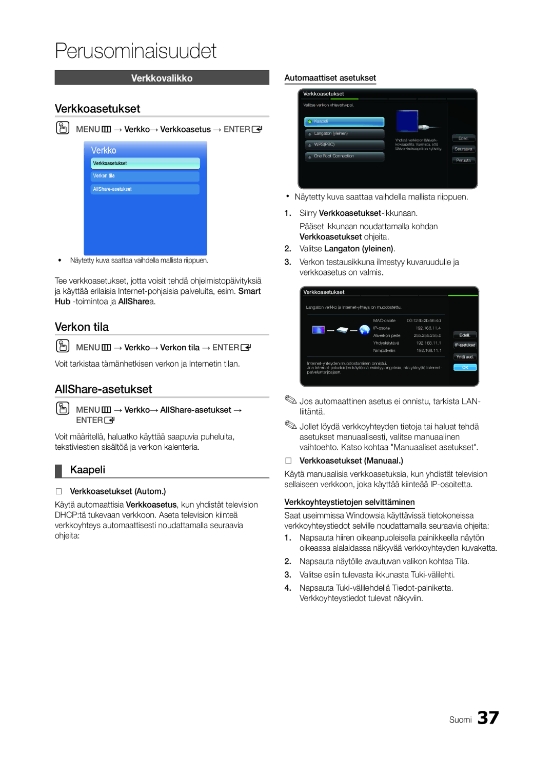 Samsung LT27A950EX/XE, LT23A750EX/XE manual Verkkoasetukset, Verkon tila, AllShare-asetukset, Kaapeli, Verkkovalikko 