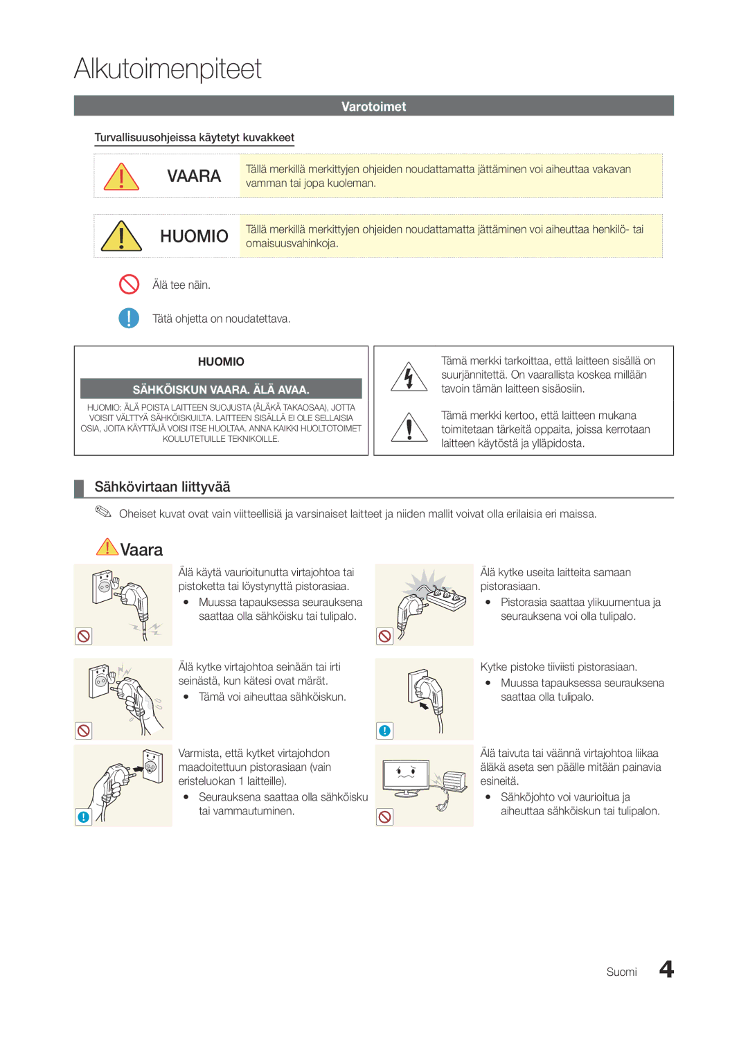 Samsung LT27A950EX/XE, LT23A750EX/XE, LT27A750EX/XE manual Sähkövirtaan liittyvää, Varotoimet 