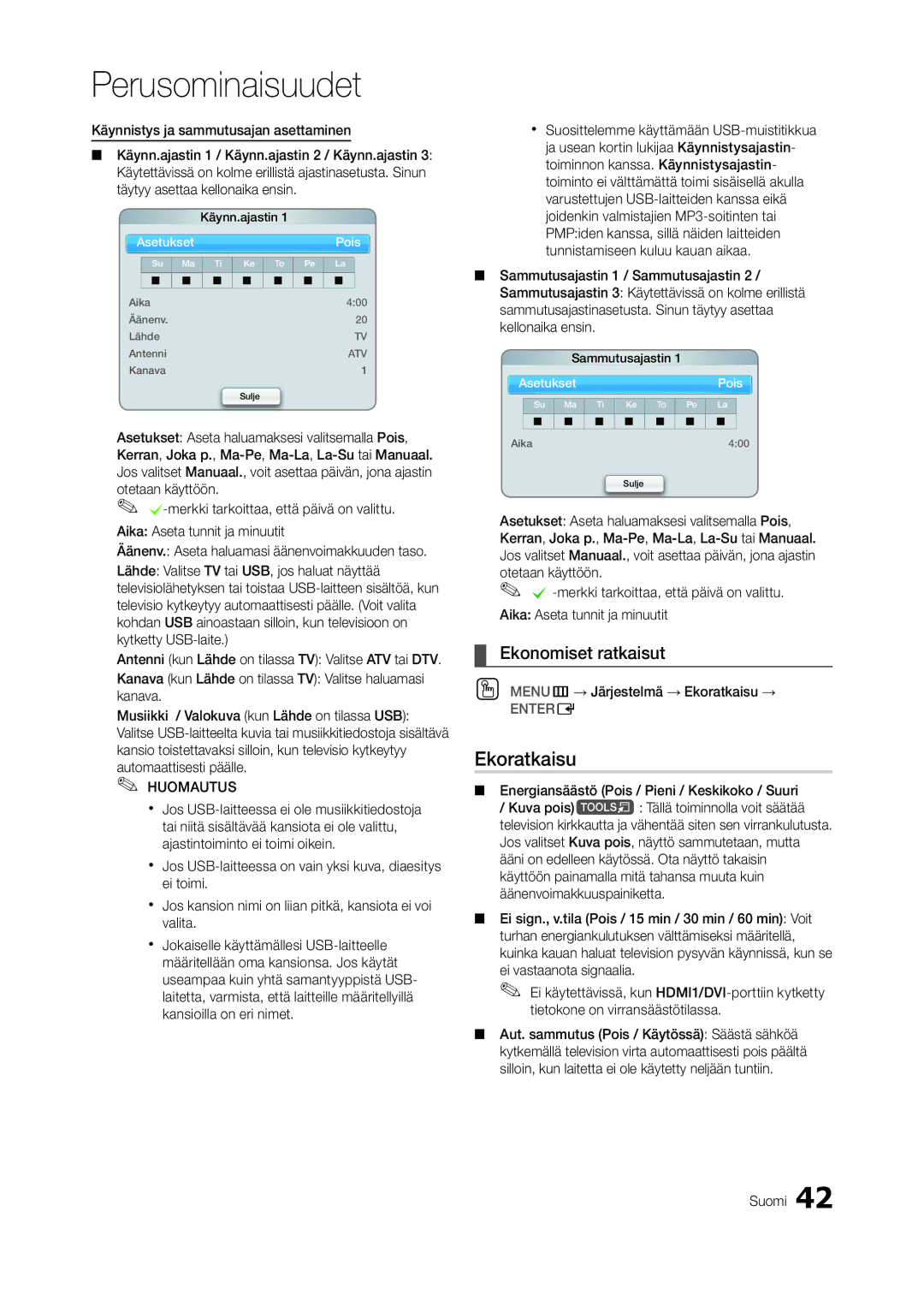 Samsung LT23A750EX/XE Ekonomiset ratkaisut, OO MENUm→ Järjestelmä → Ekoratkaisu →, Käynn.ajastin, Sammutusajastin 