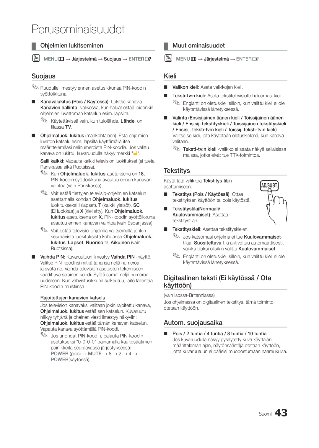 Samsung LT27A950EX/XE manual Suojaus, Kieli, Tekstitys, Digitaalinen teksti Ei käytössä / Ota käyttöön, Autom. suojausaika 