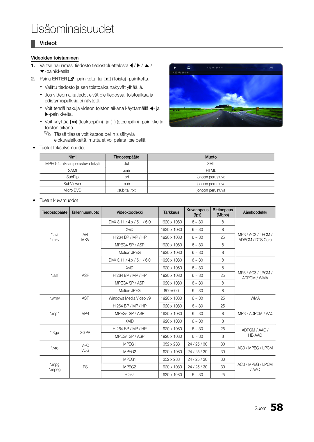 Samsung LT27A950EX/XE, LT23A750EX/XE, LT27A750EX/XE Videot, Painikkeella, Yy Tuetut tekstitysmuodot, Yy Tuetut kuvamuodot 