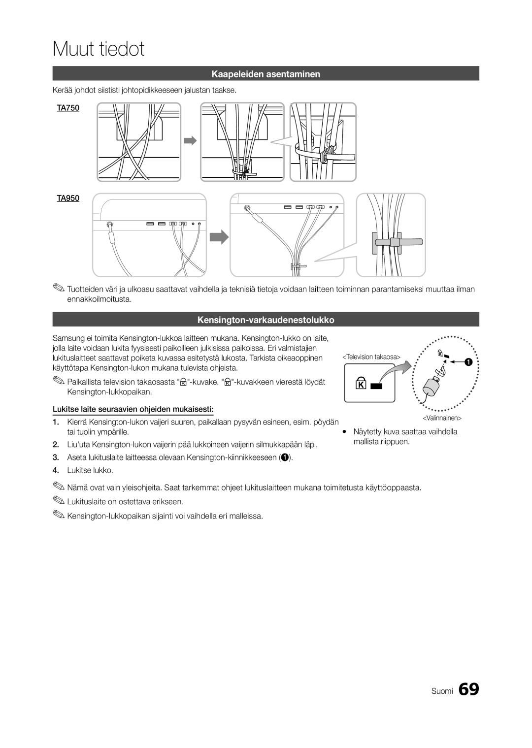 Samsung LT23A750EX/XE, LT27A950EX/XE manual Kaapeleiden asentaminen, Kensington-varkaudenestolukko, Tai tuolin ympärille 