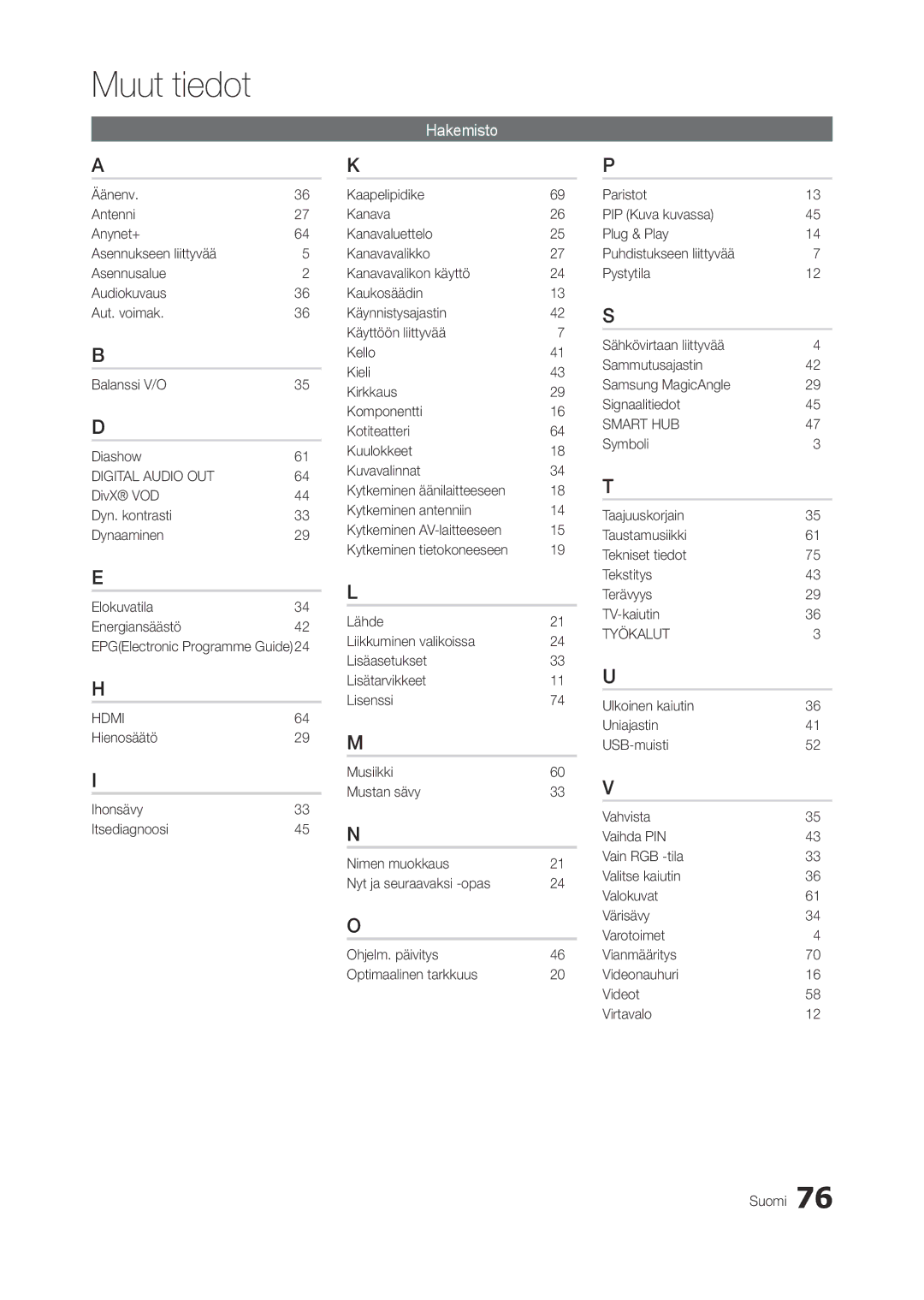 Samsung LT27A950EX/XE, LT23A750EX/XE, LT27A750EX/XE manual Hakemisto 