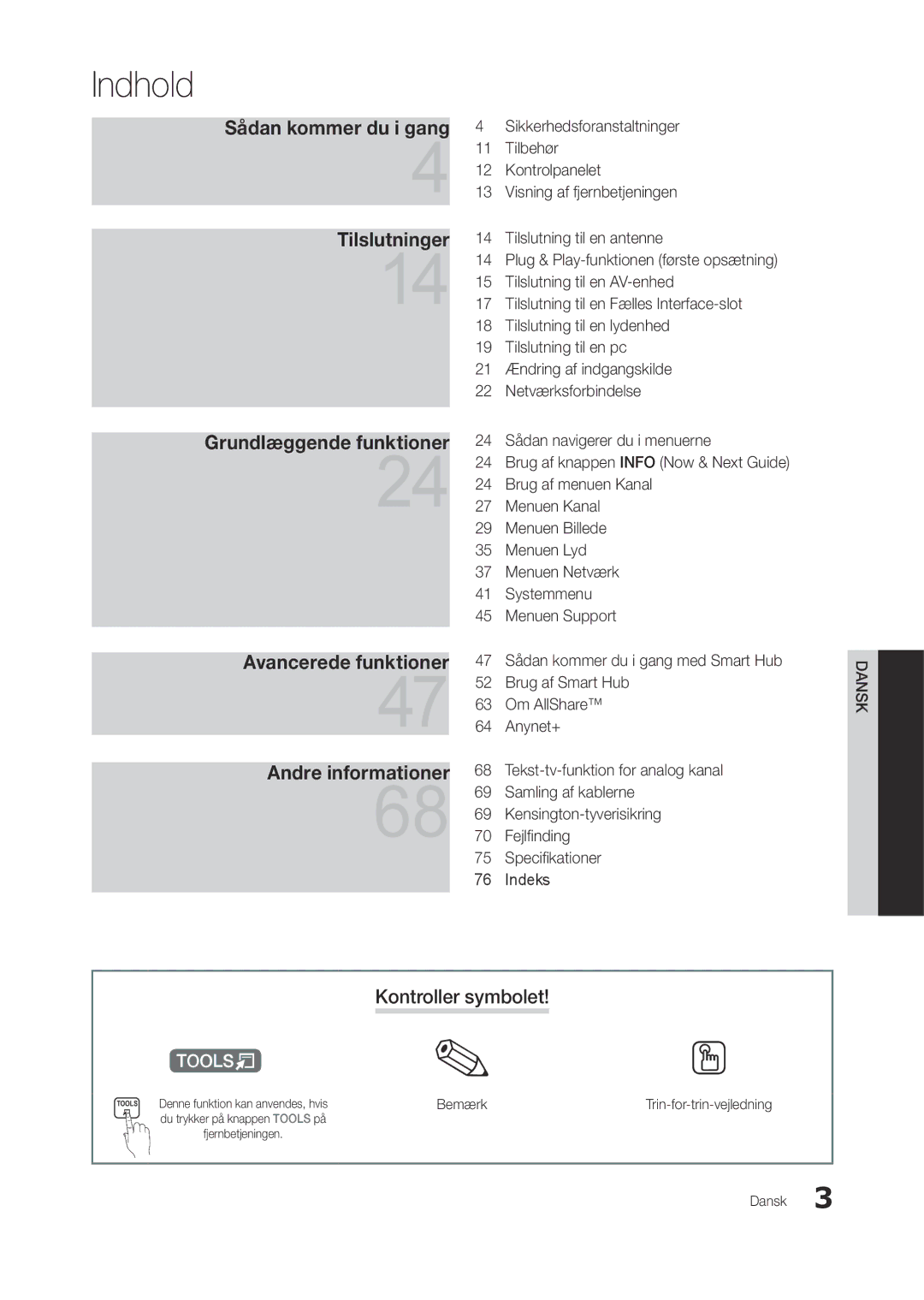 Samsung LT23A750EX/XE manual Kontroller symbolet, Sådan kommer du i gang med Smart Hub, Bemærk, Trin-for-trin-vejledning 