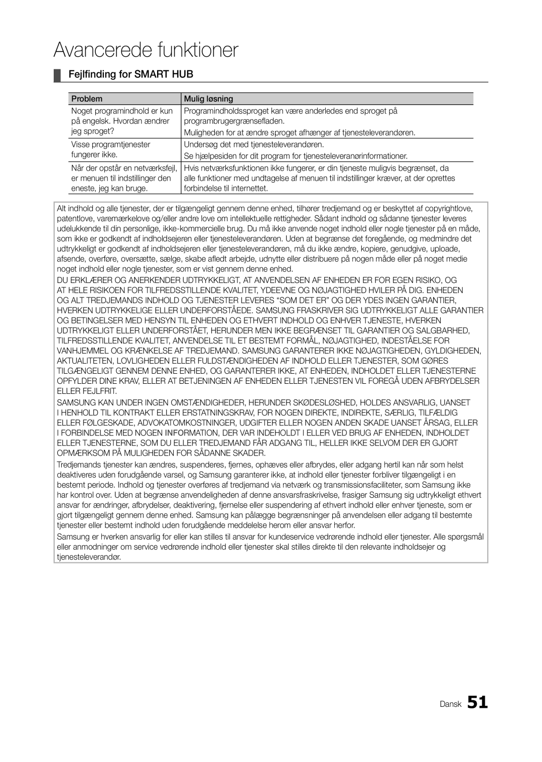 Samsung LT23A750EX/XE manual Fejlfinding for Smart HUB, Er menuen til indstillinger den, Når der opstår en netværksfejl 