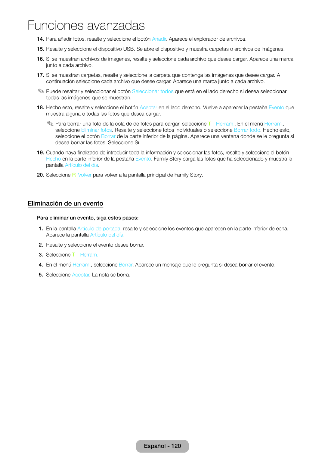 Samsung LT23B550EW/EN manual Eliminación de un evento 