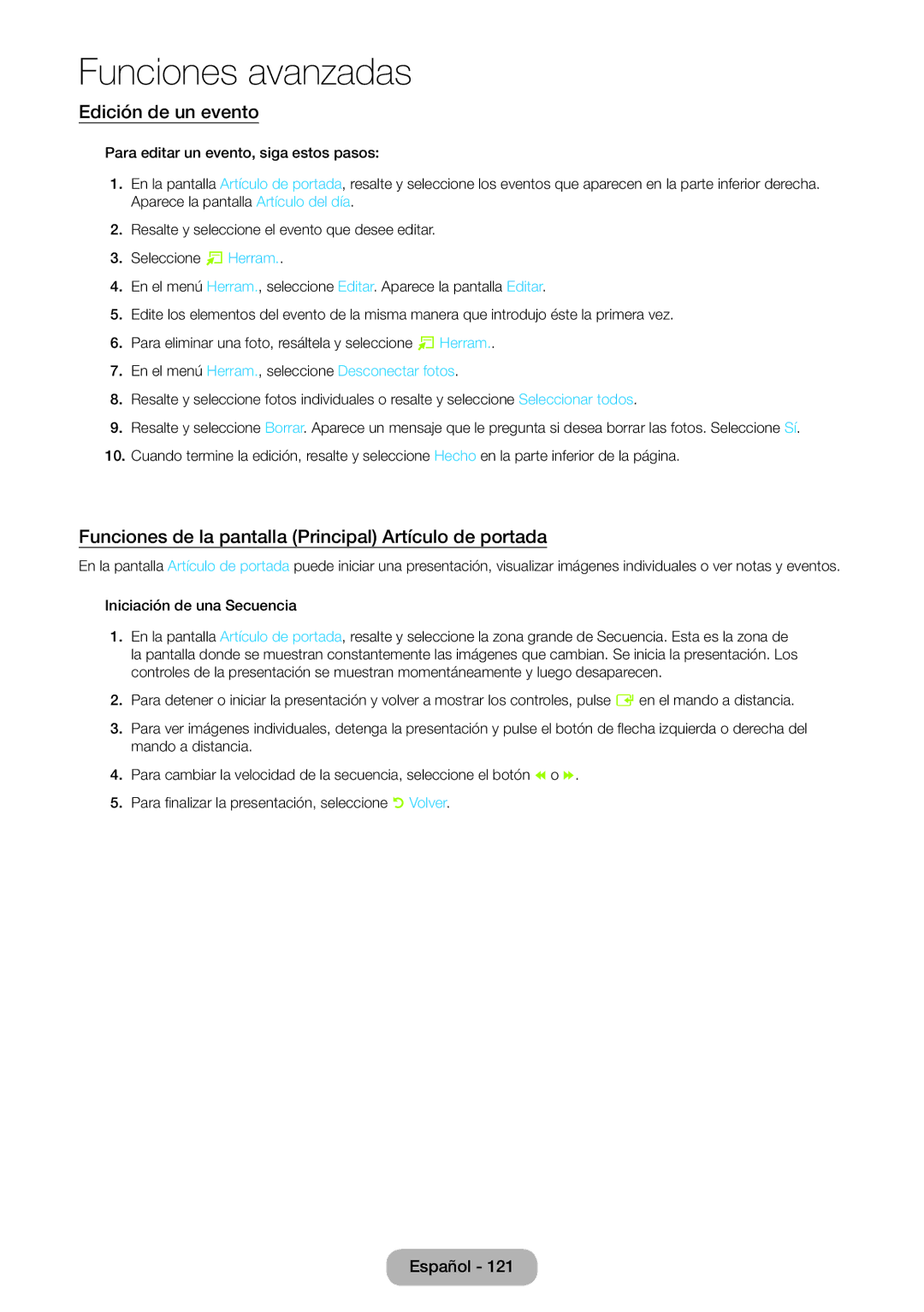 Samsung LT23B550EW/EN manual Edición de un evento, Funciones de la pantalla Principal Artículo de portada 