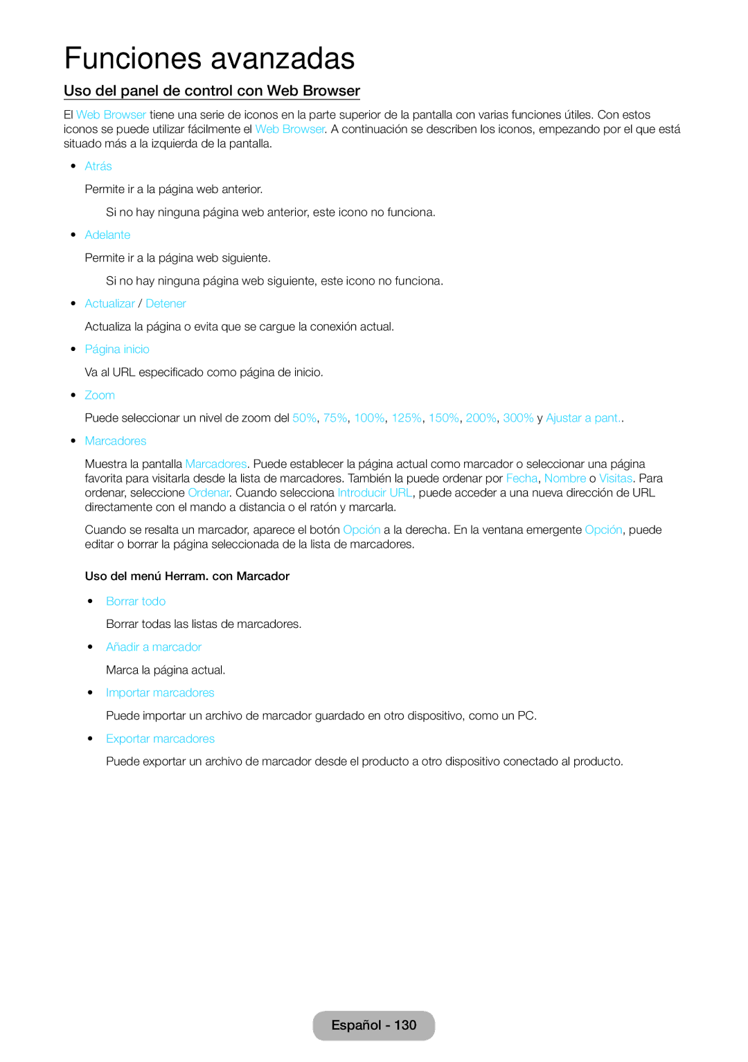 Samsung LT23B550EW/EN manual Uso del panel de control con Web Browser 