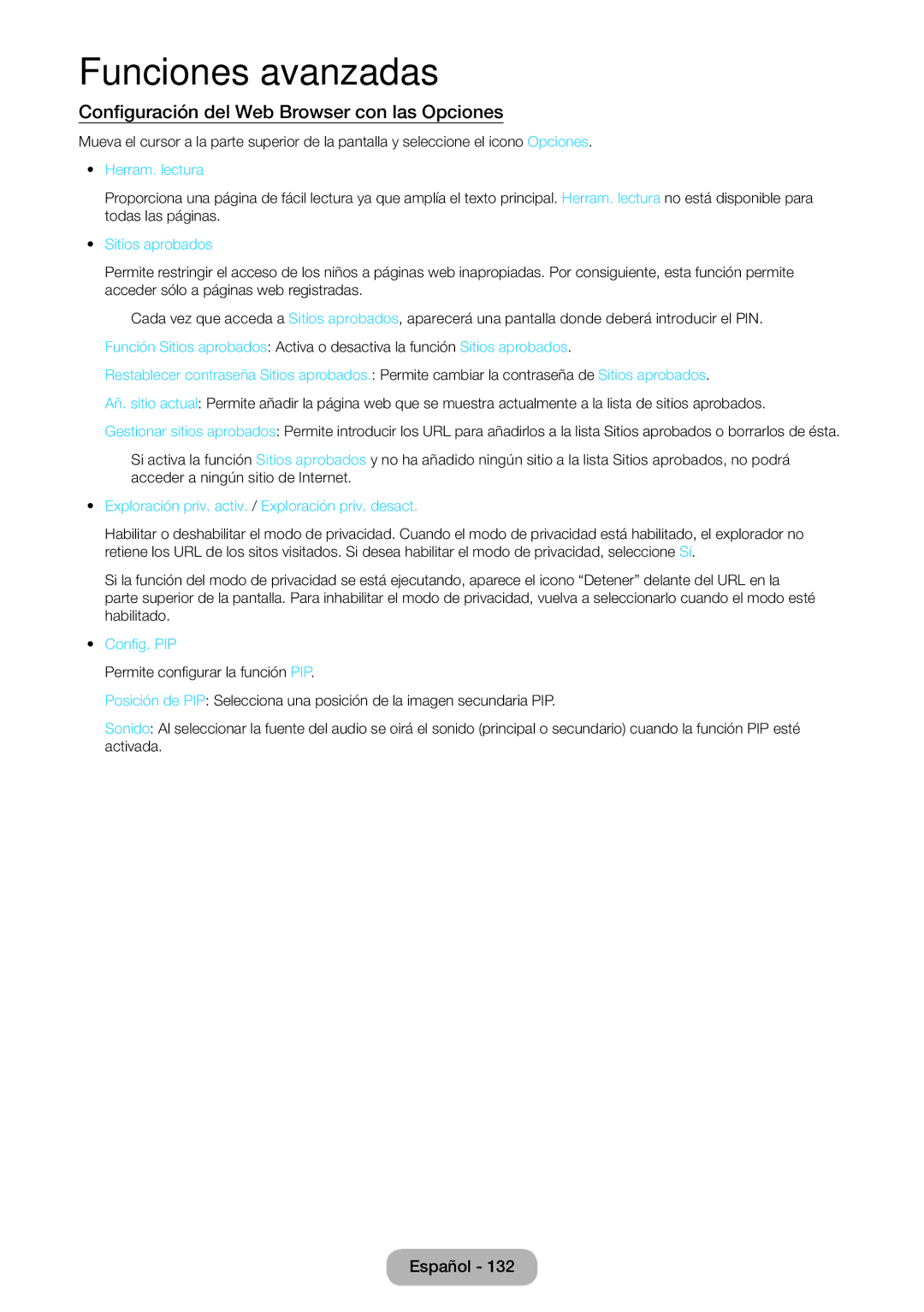 Samsung LT23B550EW/EN manual Configuración del Web Browser con las Opciones, Herram. lectura, Sitios aprobados, Config. PIP 
