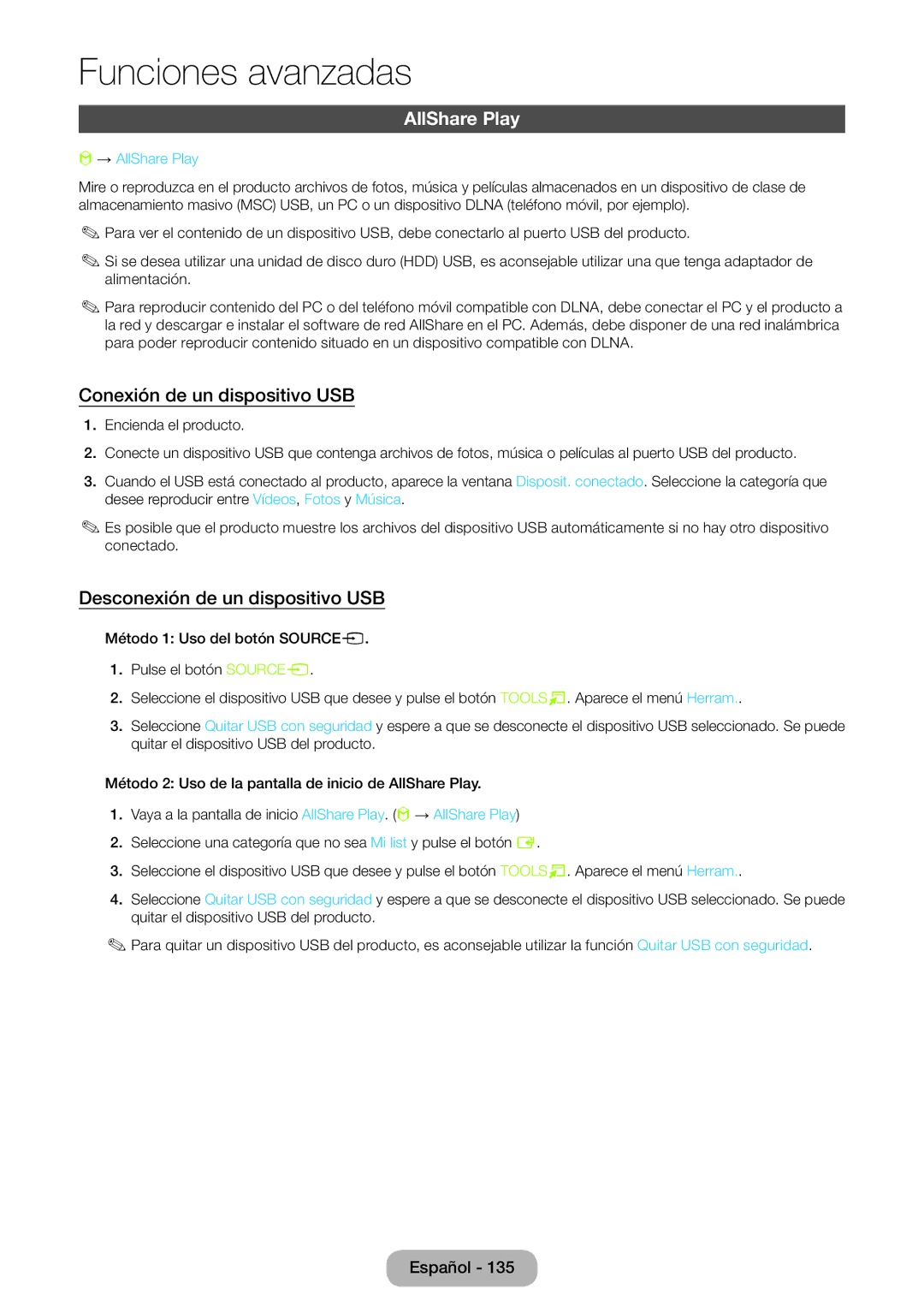 Samsung LT23B550EW/EN manual Conexión de un dispositivo USB, Desconexión de un dispositivo USB, → AllShare Play 