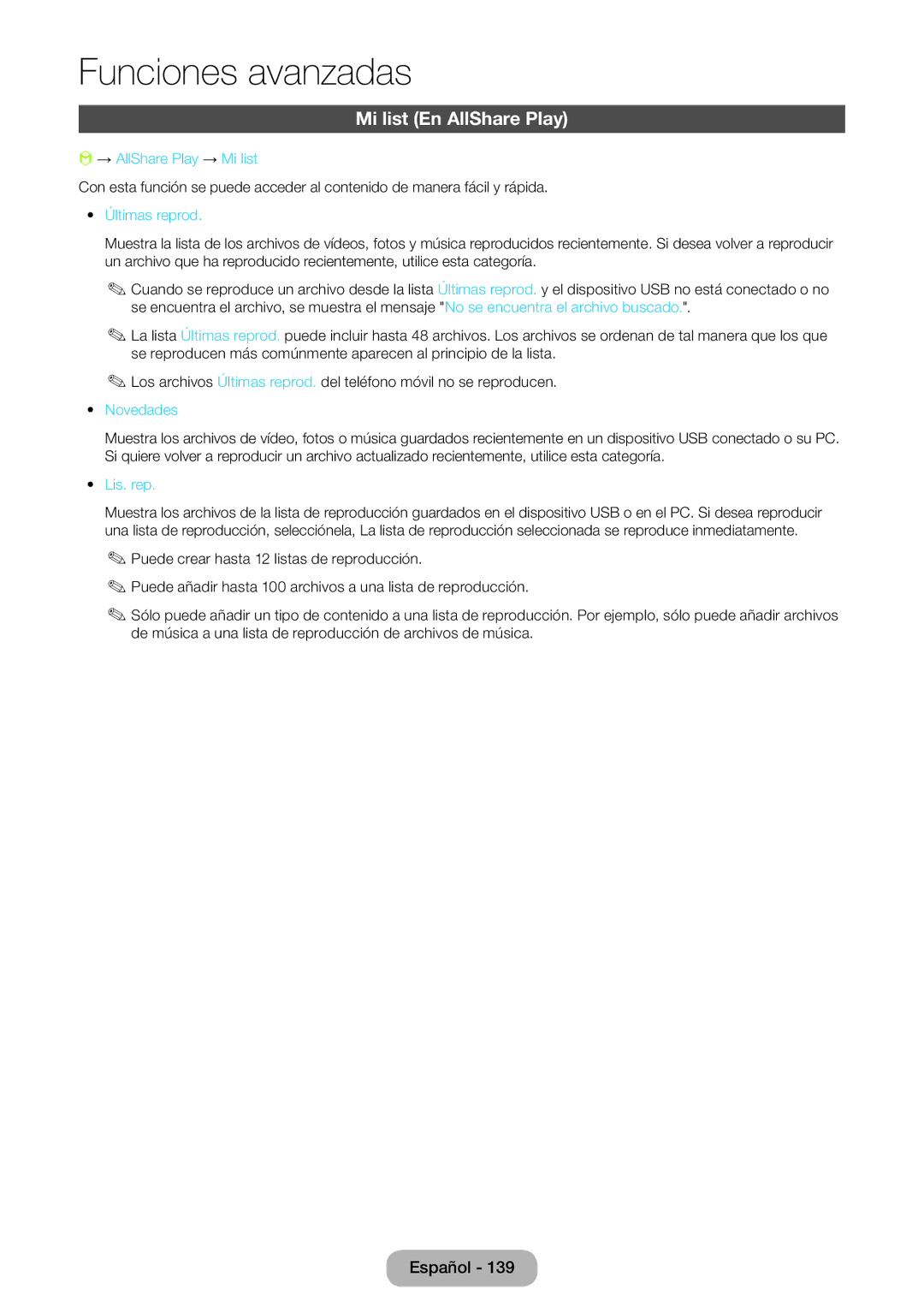 Samsung LT23B550EW/EN manual Mi list En AllShare Play, → AllShare Play → Mi list, Últimas reprod, Novedades, Lis. rep 