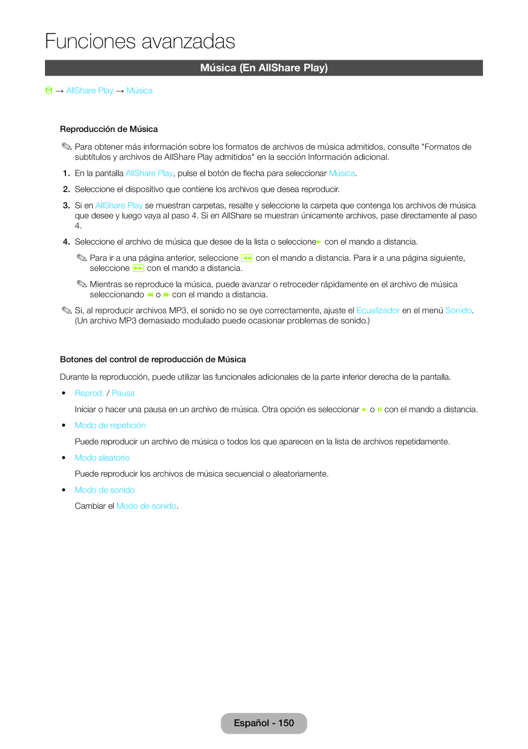 Samsung LT23B550EW/EN manual Música En AllShare Play, → AllShare Play → Música, Reprod. / Pausa, Modo aleatorio 