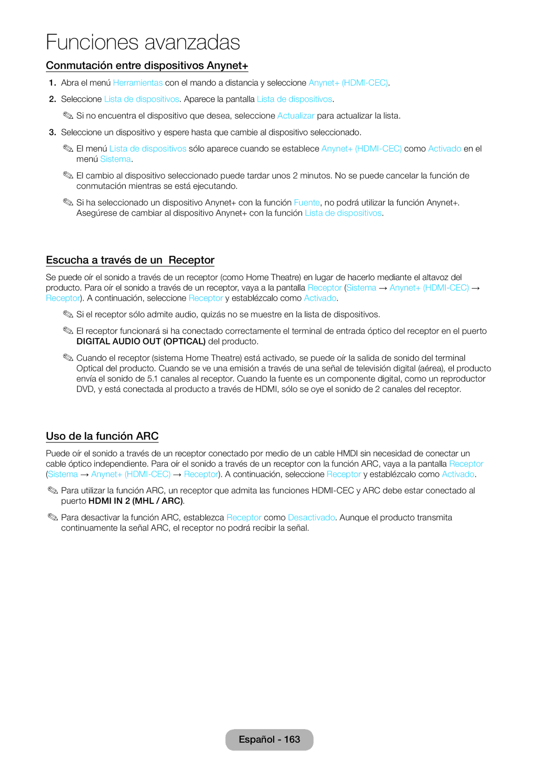 Samsung LT23B550EW/EN manual Conmutación entre dispositivos Anynet+, Escucha a través de un Receptor, Uso de la función ARC 