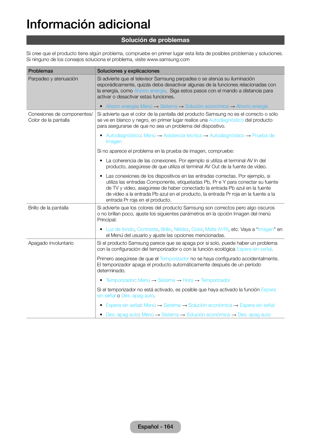 Samsung LT23B550EW/EN manual Solución de problemas, Imagen, Temporizador Menú → Sistema → Hora → Temporizador 