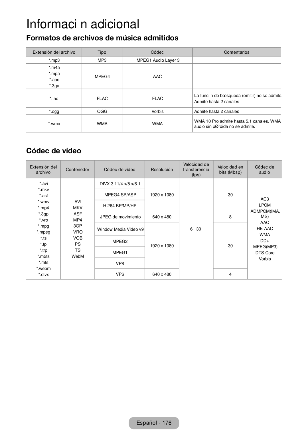 Samsung LT23B550EW/EN manual Formatos de archivos de música admitidos 