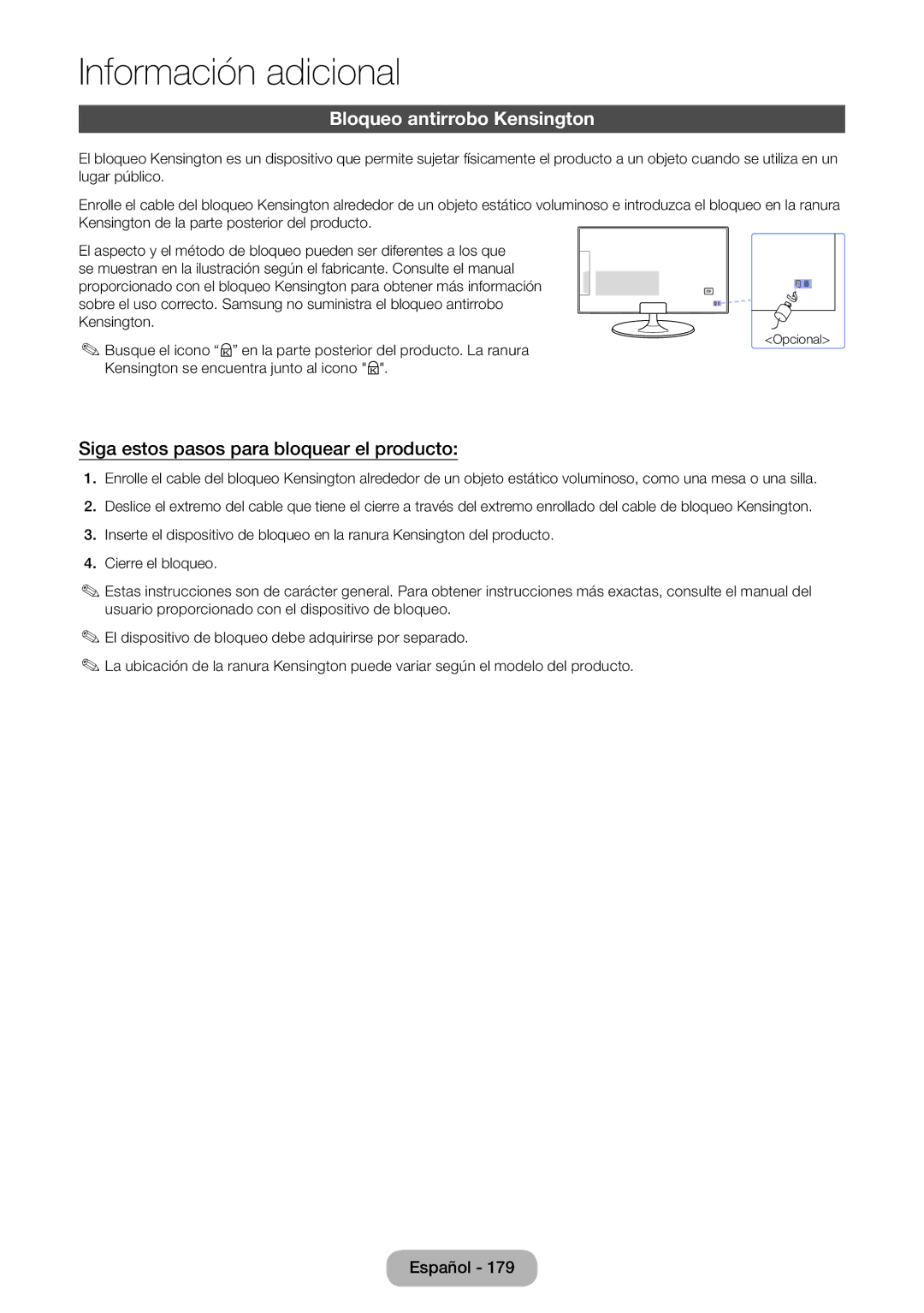 Samsung LT23B550EW/EN manual Bloqueo antirrobo Kensington, Siga estos pasos para bloquear el producto 