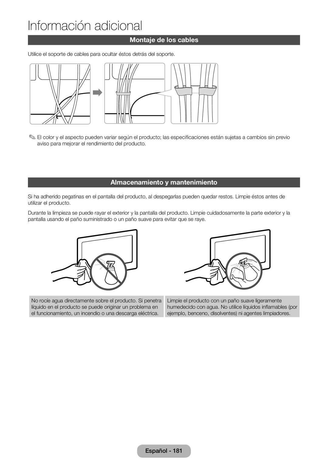 Samsung LT23B550EW/EN manual Montaje de los cables, Almacenamiento y mantenimiento 