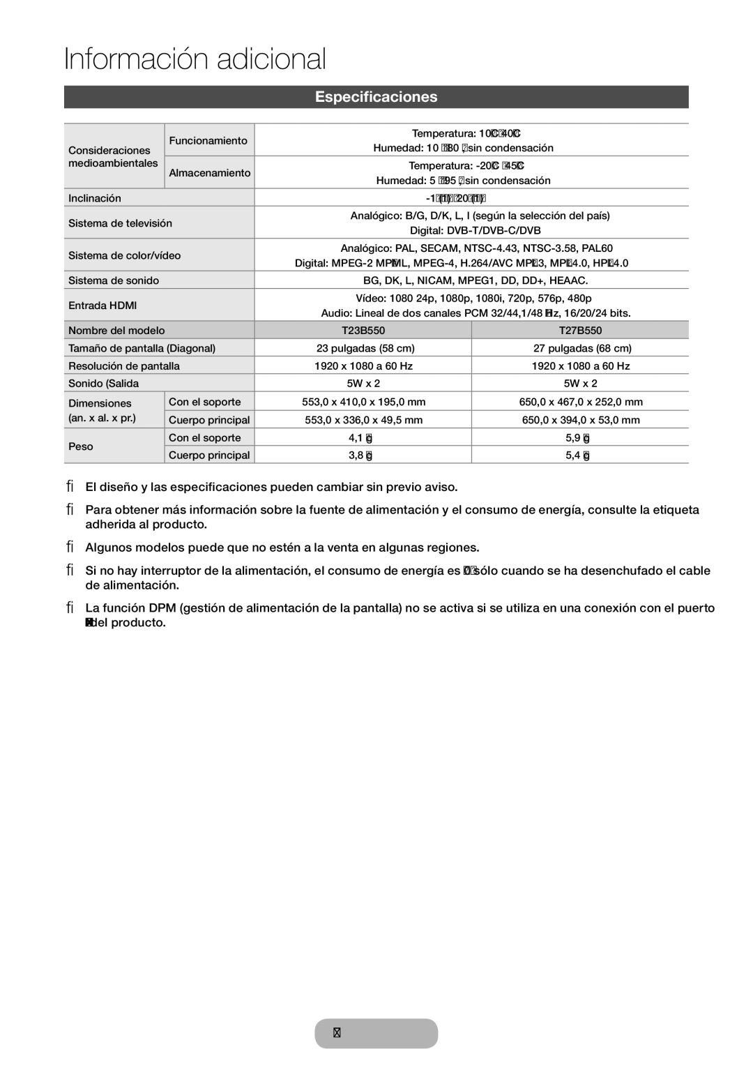 Samsung LT23B550EW/EN manual Especificaciones, Inclinación 