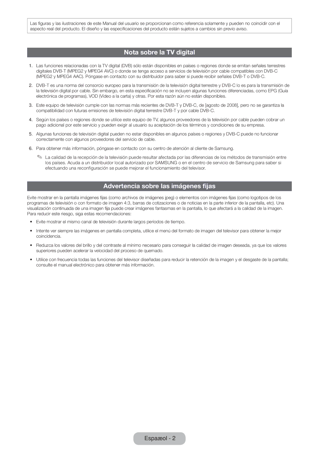 Samsung LT23B550EW/EN manual Nota sobre la TV digital, Advertencia sobre las imágenes fijas 