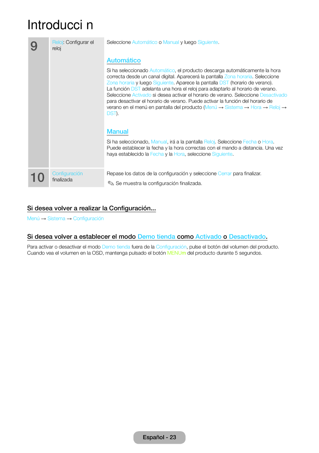 Samsung LT23B550EW/EN manual Si desea volver a realizar la Configuración, Reloj, Finalizada, Menú → Sistema → Configuración 