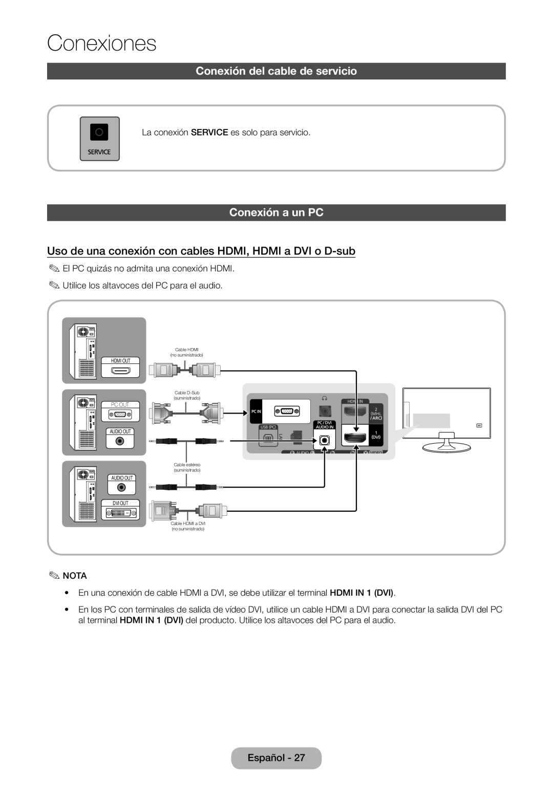 Samsung LT23B550EW/EN manual Conexión del cable de servicio, Conexión a un PC 