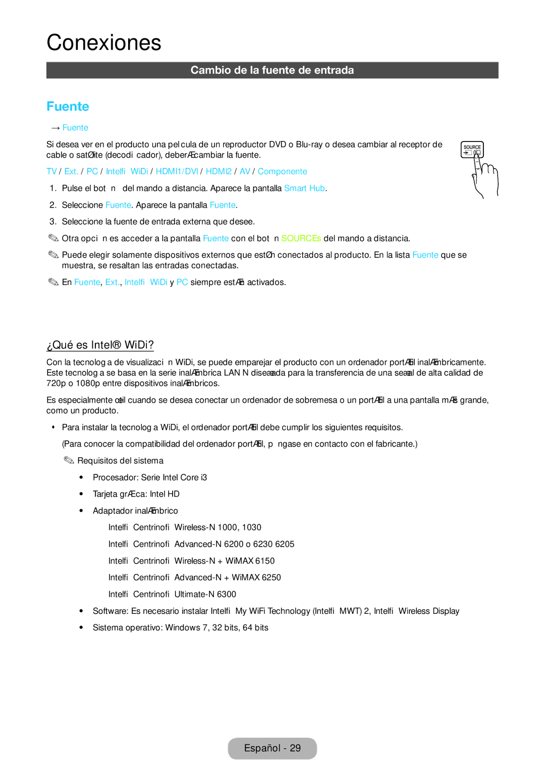 Samsung LT23B550EW/EN manual Cambio de la fuente de entrada, ¿Qué es Intel WiDi?, → Fuente 